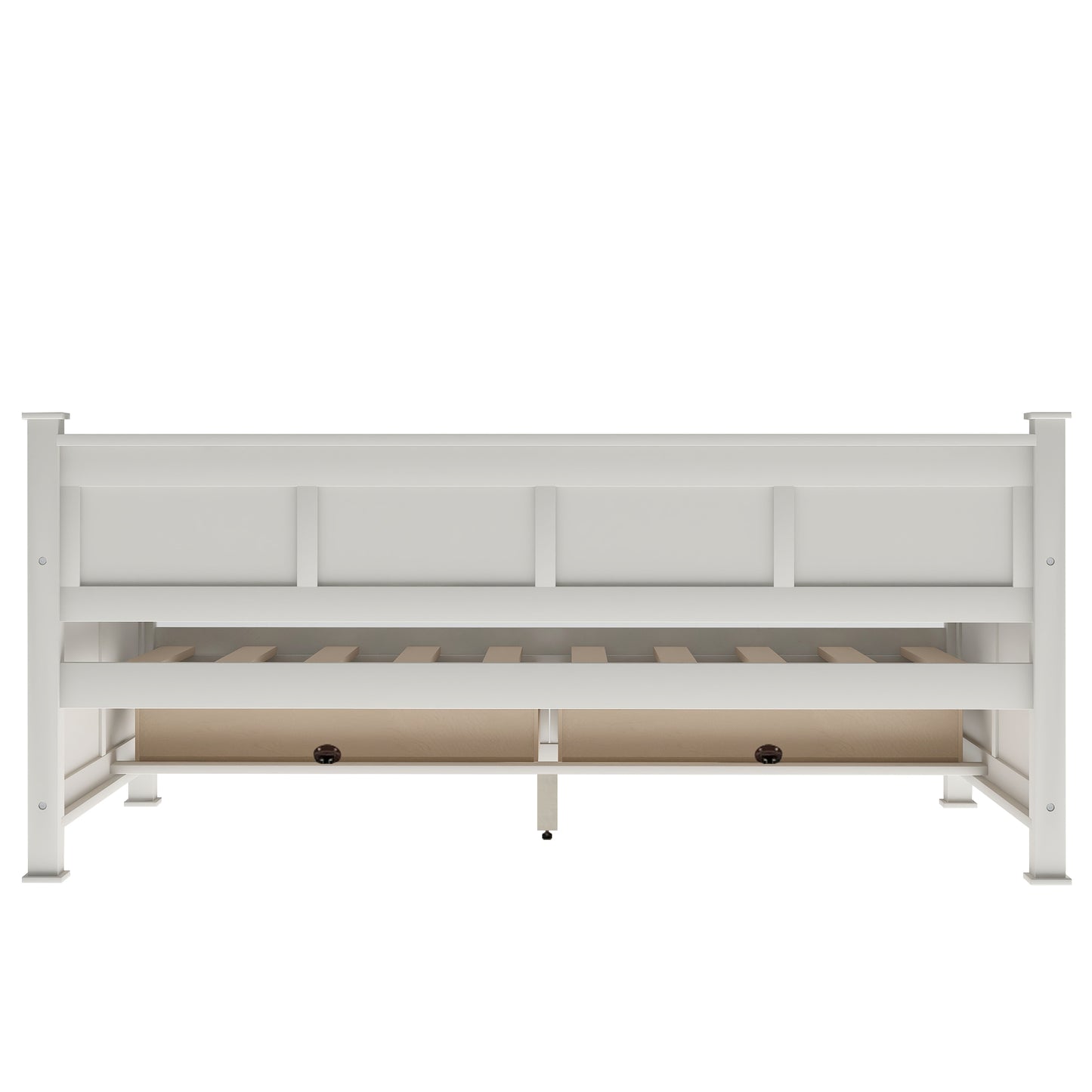 White wooden bed frame with two builtin storage drawers and slatted base
