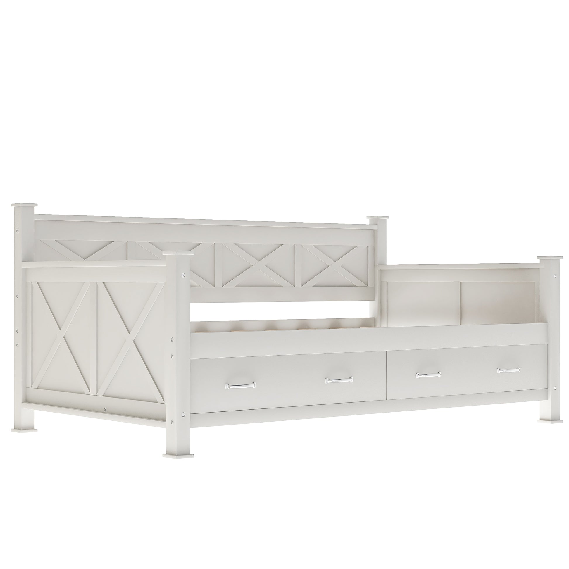 White wooden daybed with Xpanel headboard and three drawers