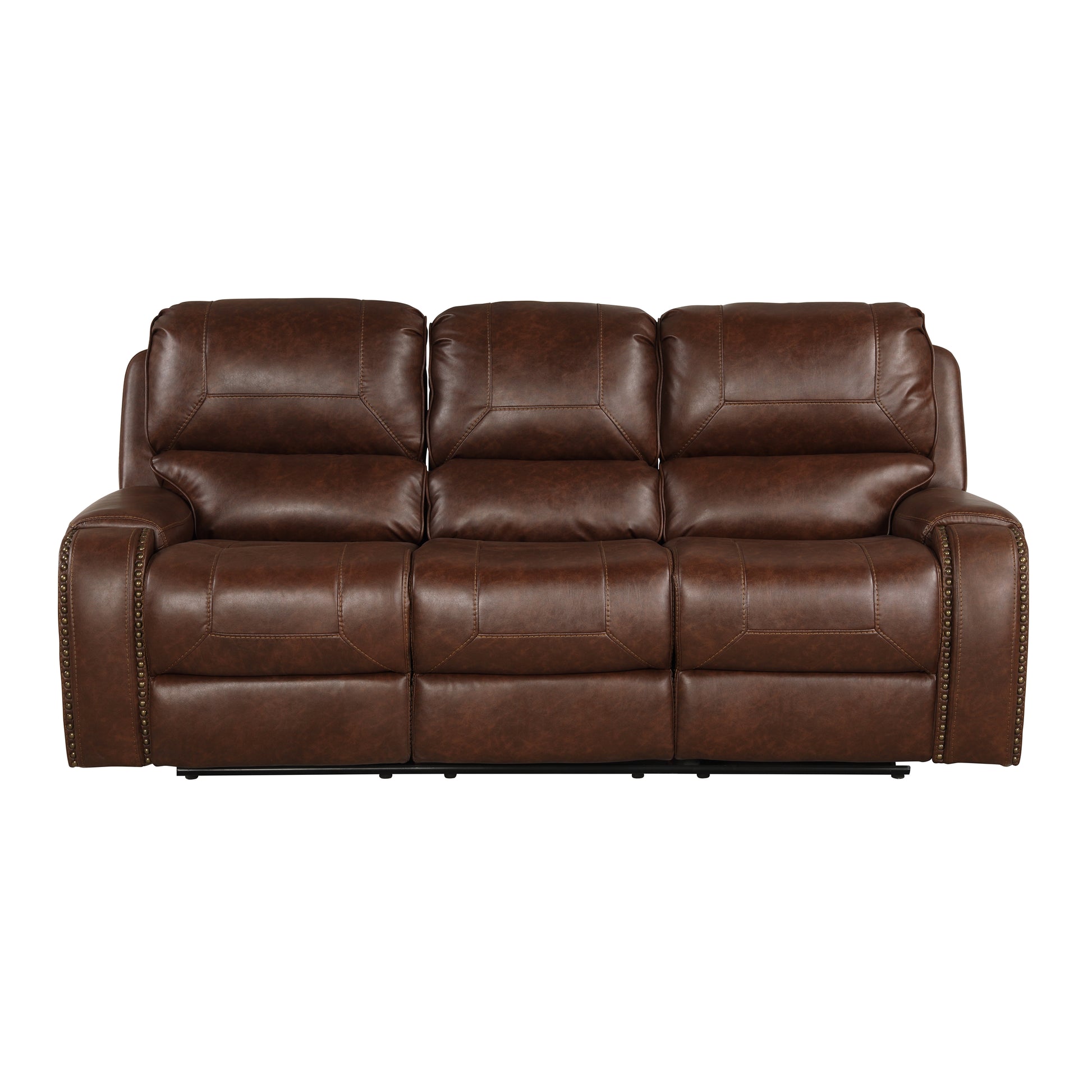 Brown leather reclining sofa with stitched detailing and brass nailhead trim