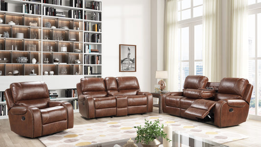 Brown leather recliner armchair with stud accents and manual recline lever