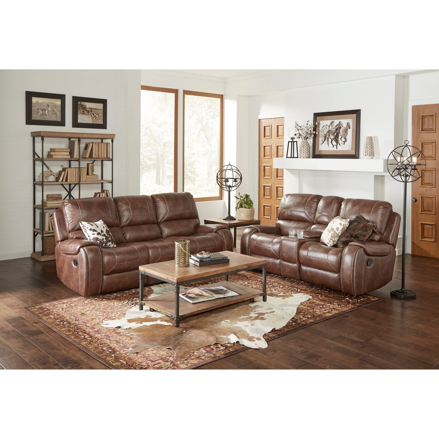 Rich brown leather reclining sofa with plush cushions and nailhead trim perfect for a cozy living room