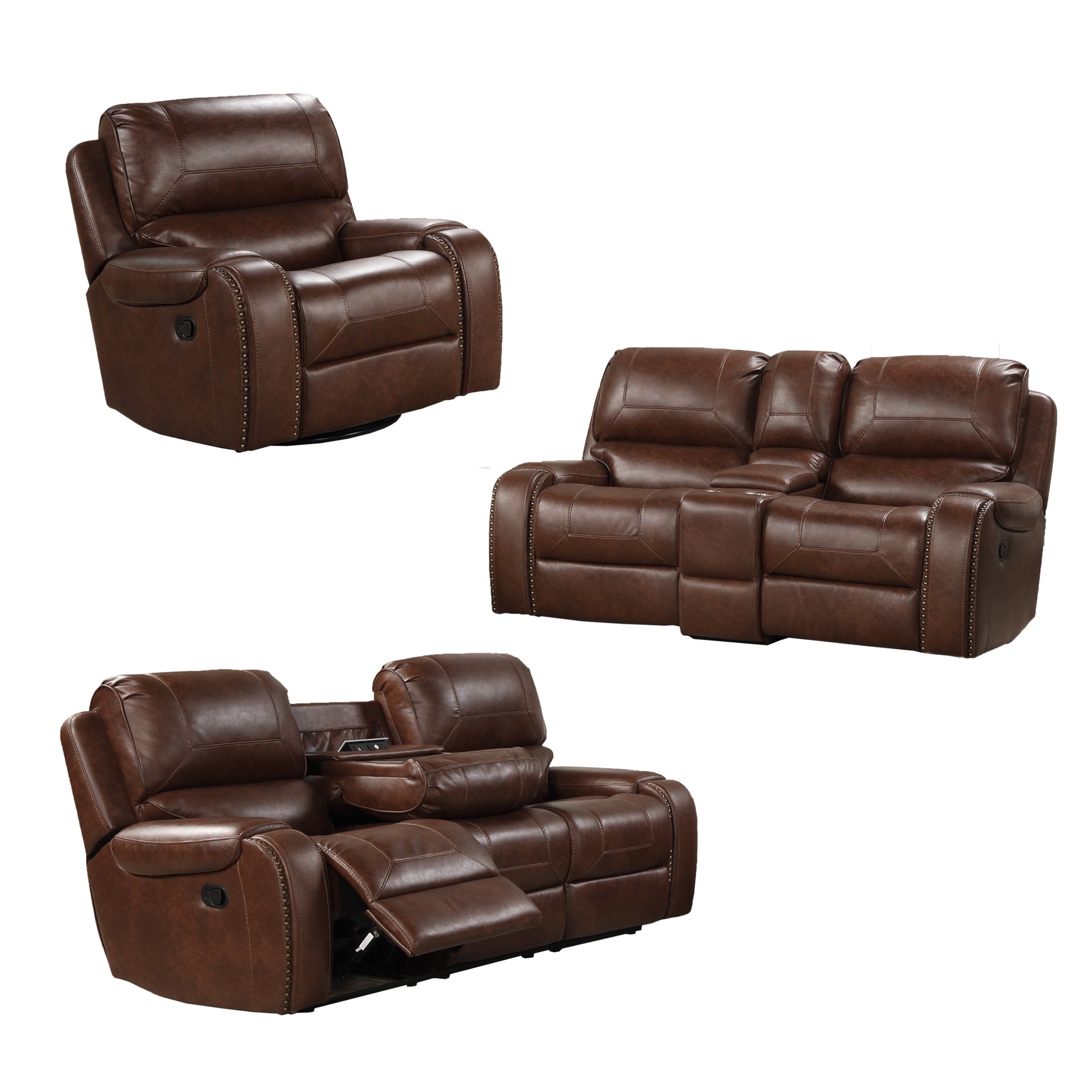 Brown leather recliner chair with studded accents and plush cushioning for ultimate comfort