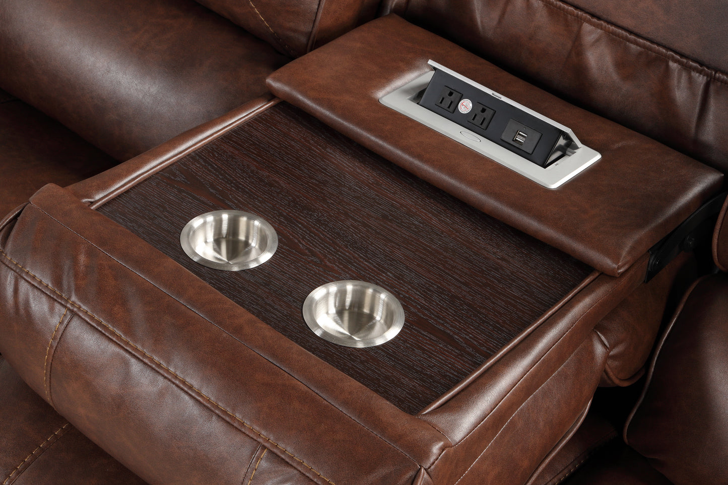 Brown leather recliner console with builtin USB ports and power outlets