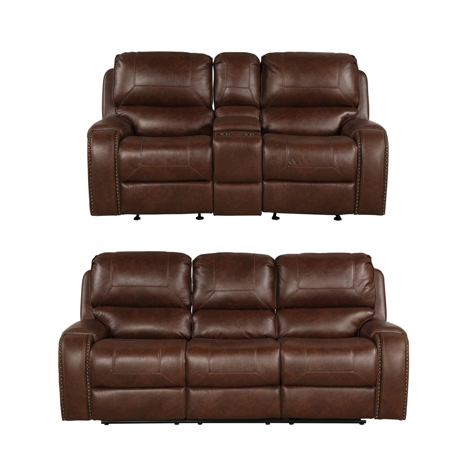 Twoseater recliner sofa with brown leather detailed stitching and brass nailhead trim