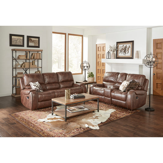 Brown leather reclining sofa with plush cushions and decorative stitching perfect for living rooms