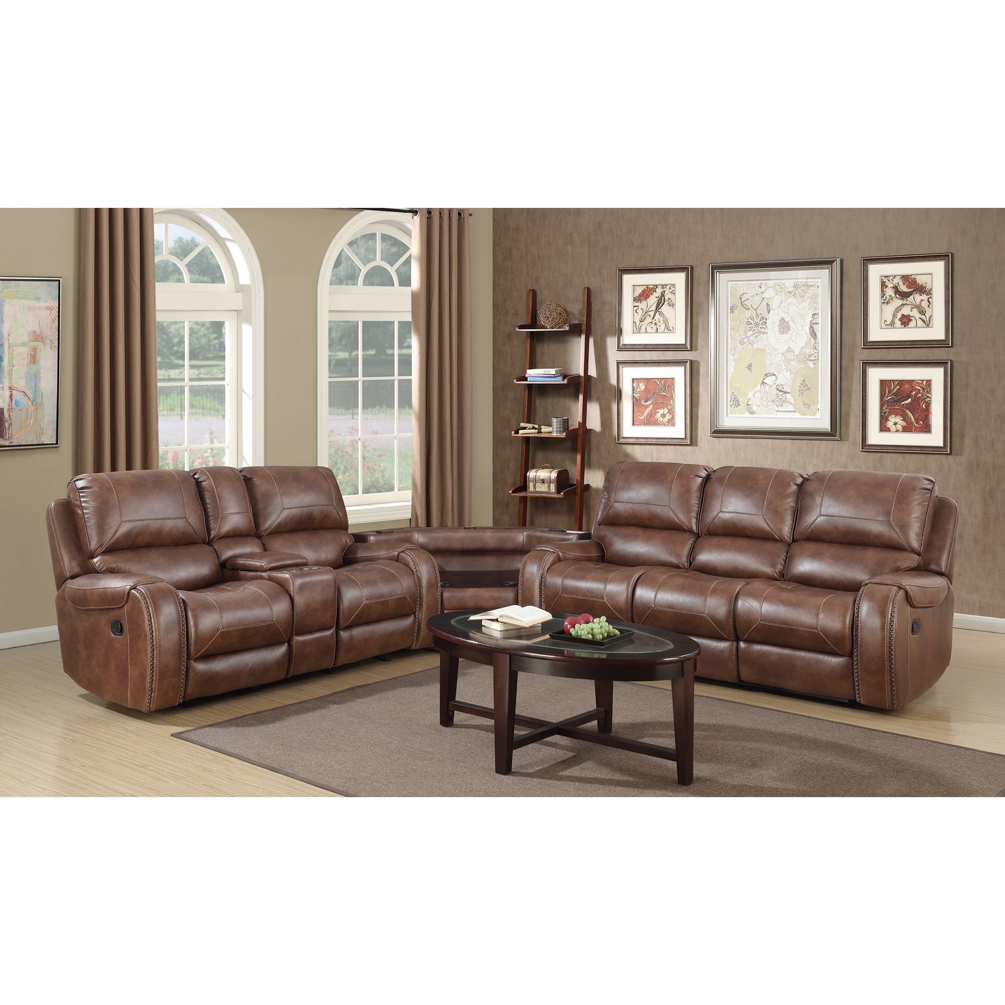 Brown leather reclining sofa set with studded accents and cup holders