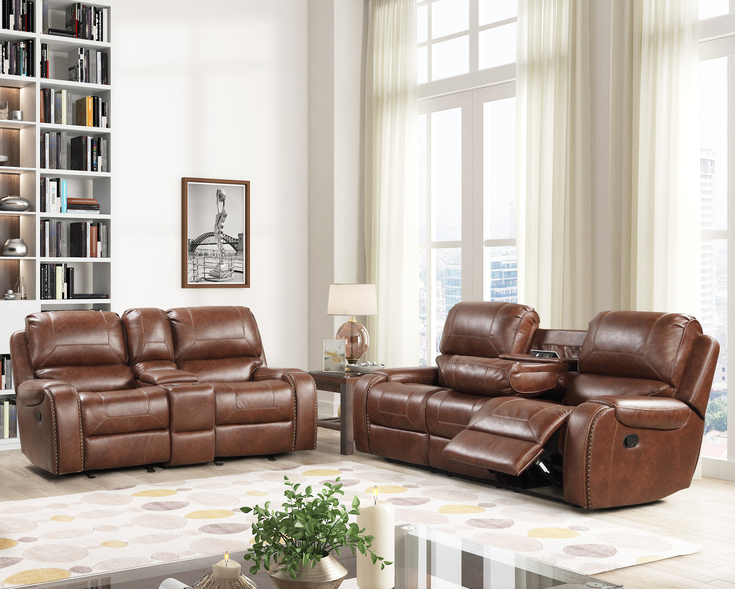 Brown leather loveseat recliner with builtin cup holders and decorative studs