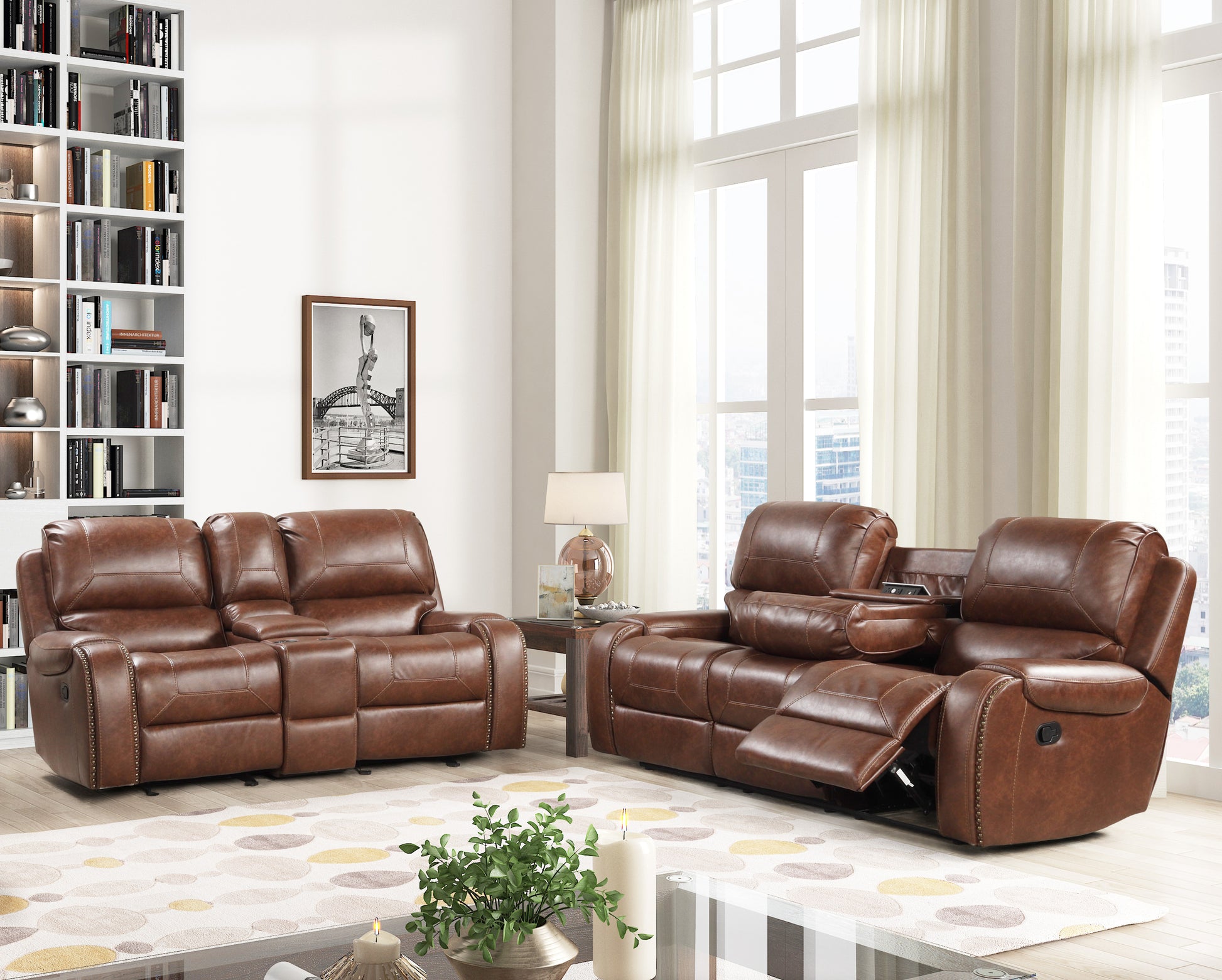 Brown leather loveseat recliner with builtin cup holders and decorative studs