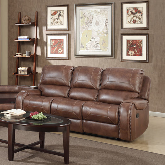 Brown leather recliner sofa with stitched detailing and plush cushions