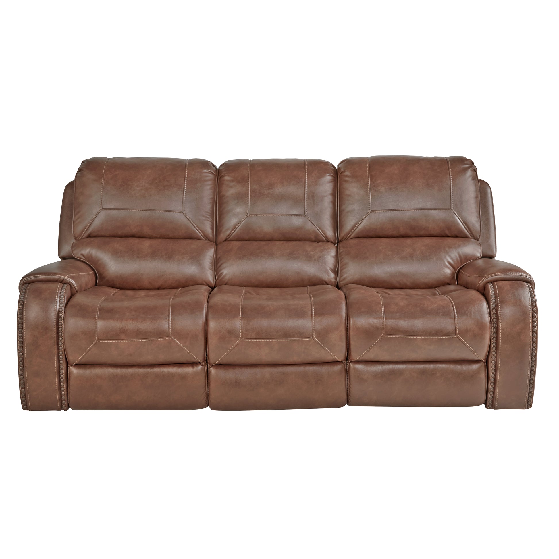 Brown faux leather threeseater recliner sofa with stitched detailing