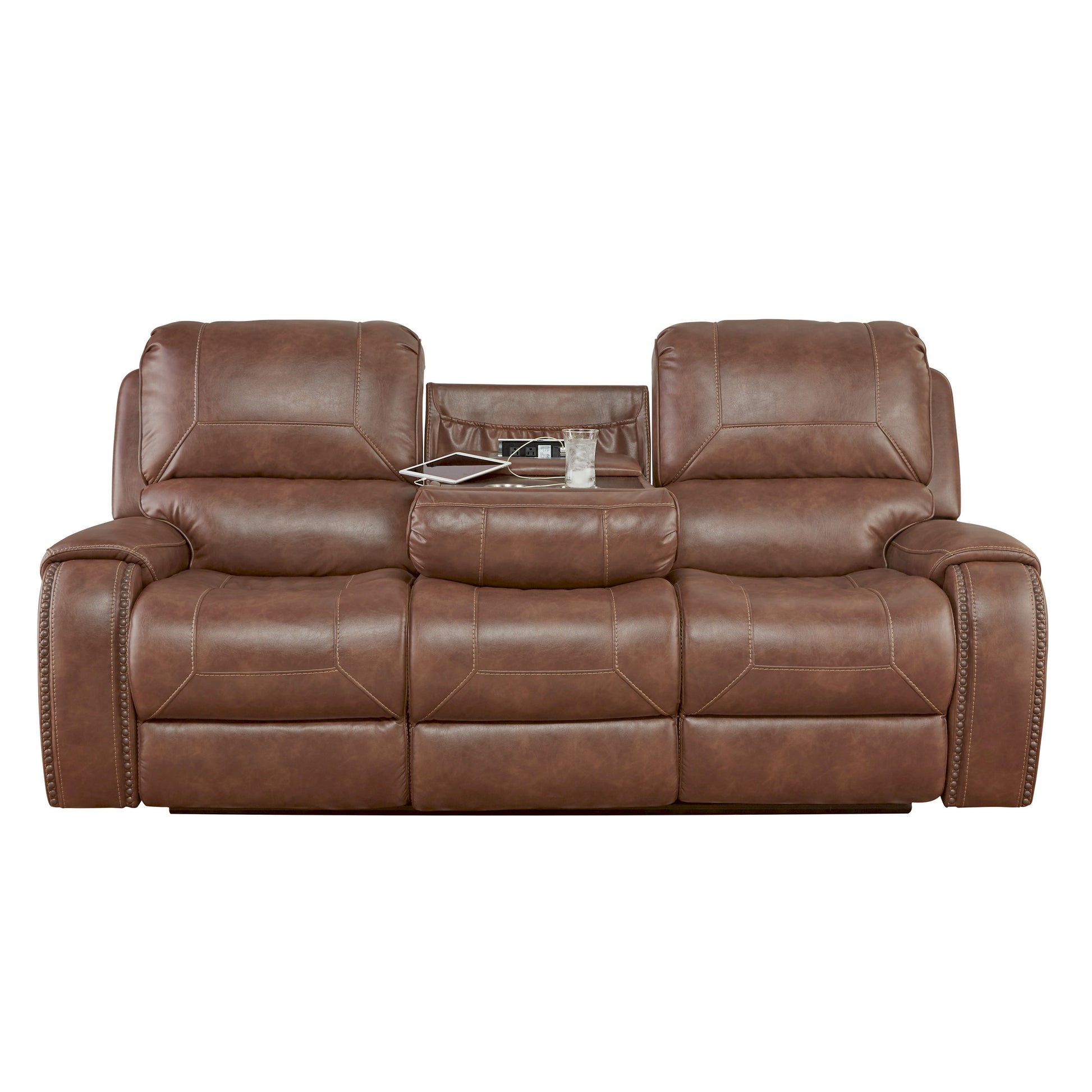Brown leather reclining sofa with builtin USB ports and cup holder