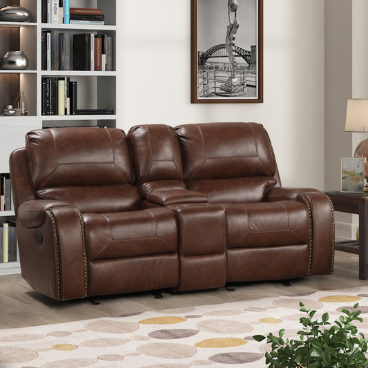 Brown faux leather loveseat recliner with studded arms and builtin cup holders perfect for home theaters