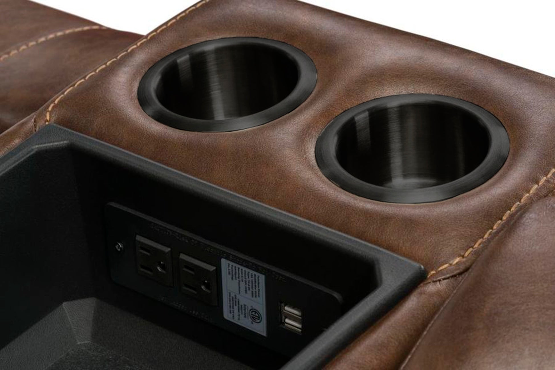 Brown faux leather recliner with dual cup holders and builtin USB charging ports