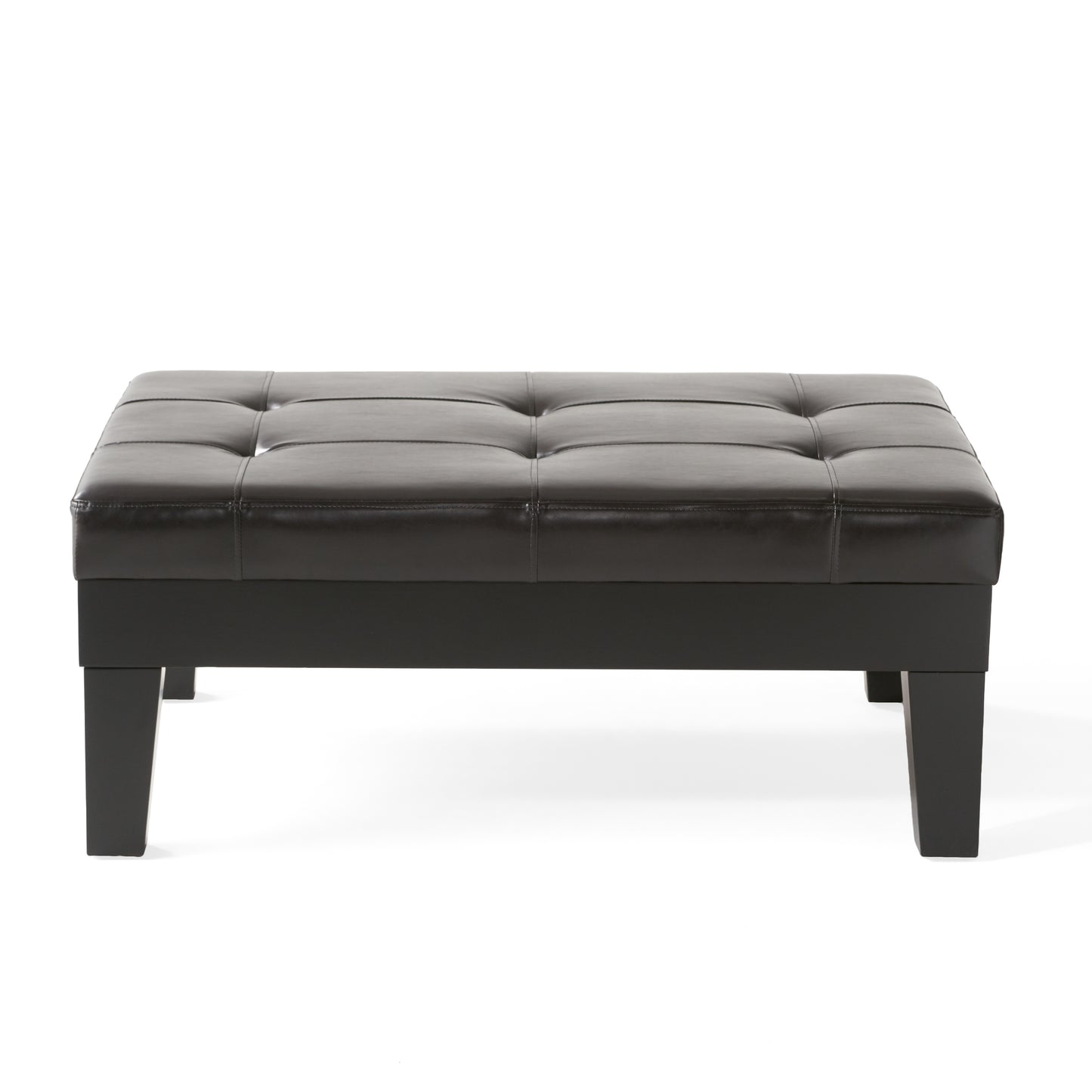Tufted dark brown faux leather rectangular ottoman with black wood legs