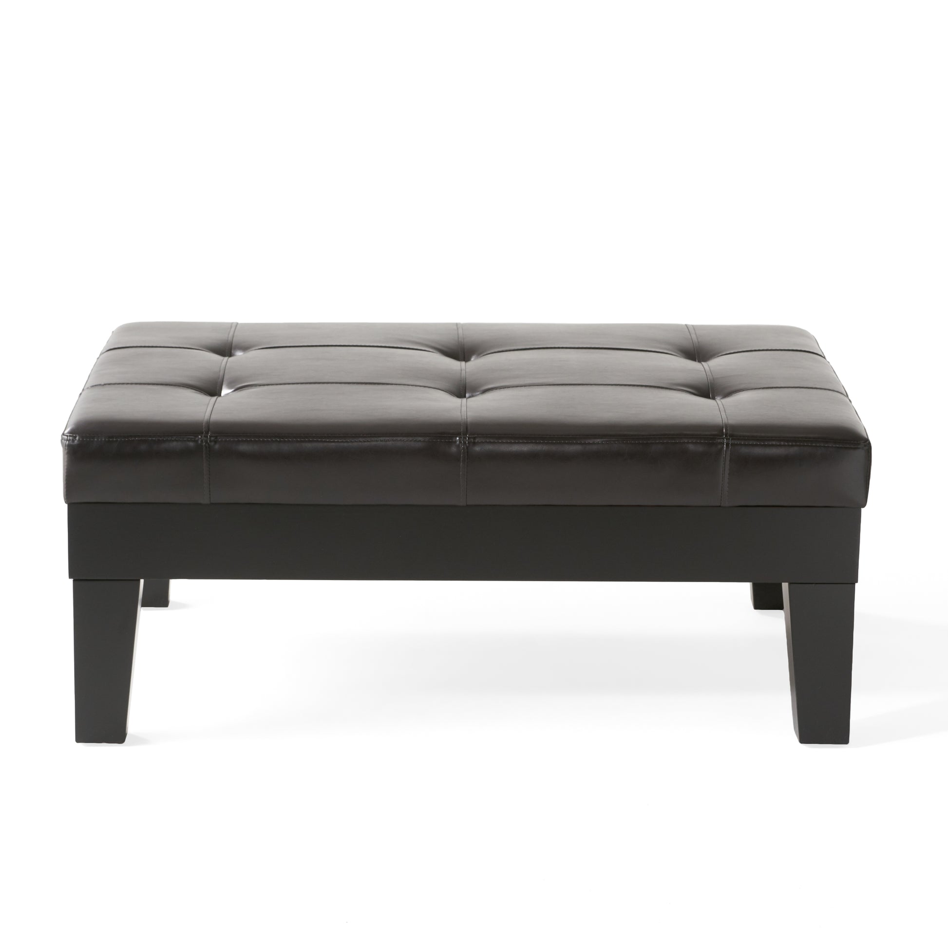Tufted dark brown faux leather rectangular ottoman with black wood legs