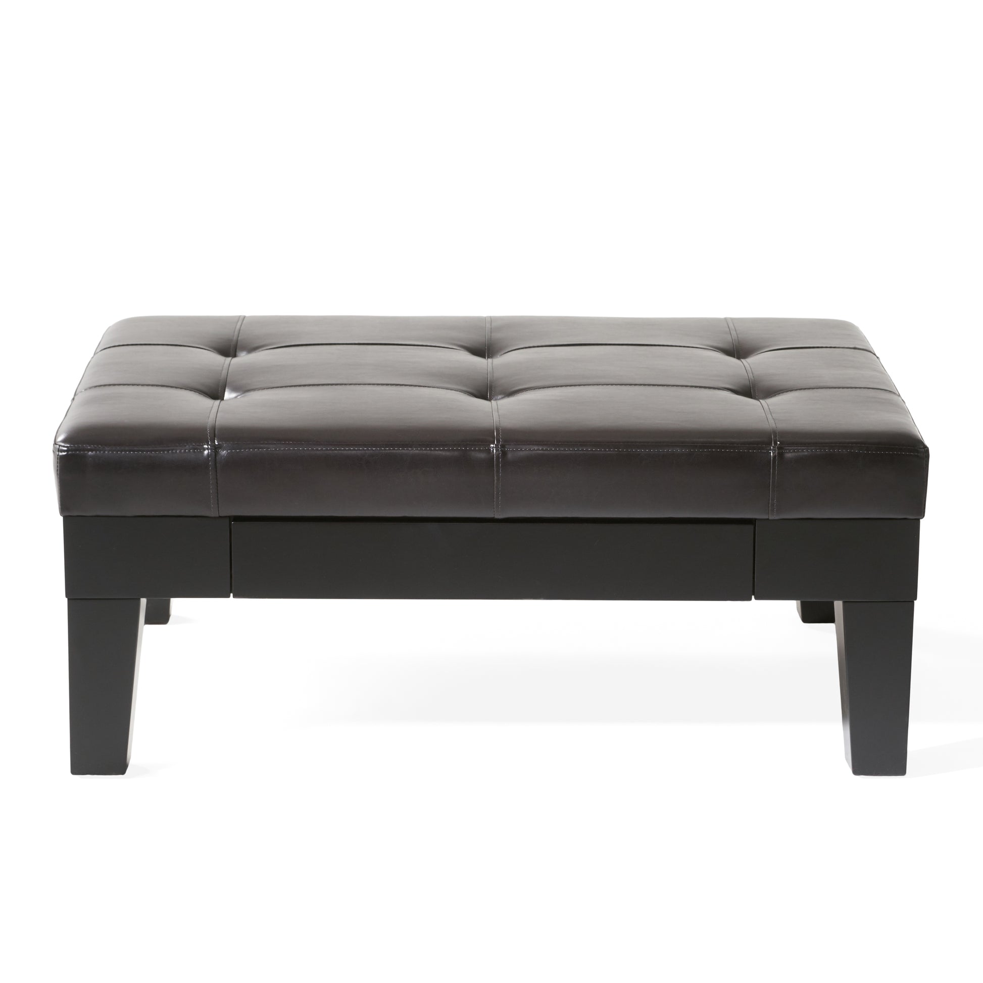 Dark brown tufted faux leather storage ottoman with squared legs
