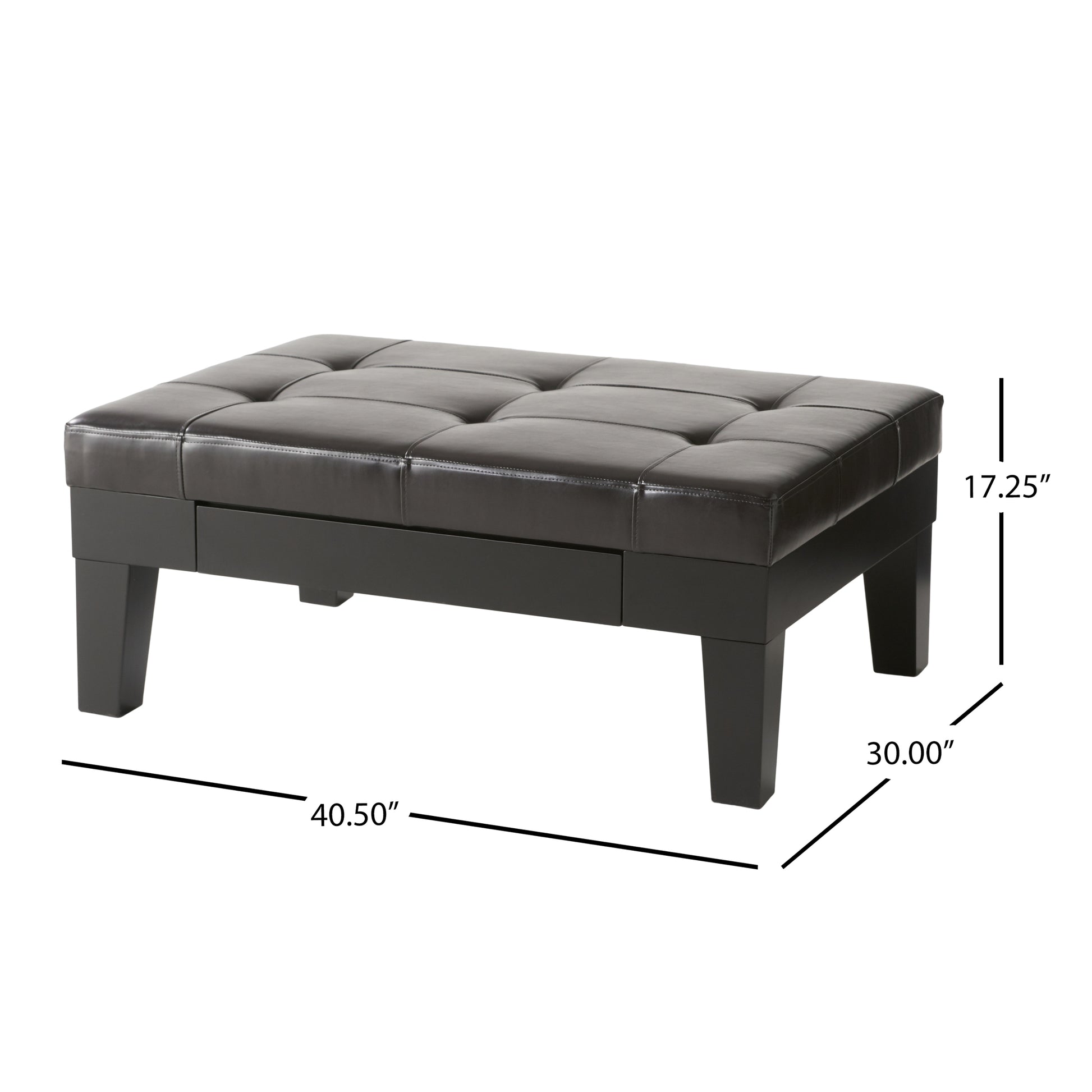 Dark brown tufted faux leather storage ottoman with dark wood legs and hidden drawer Modern design