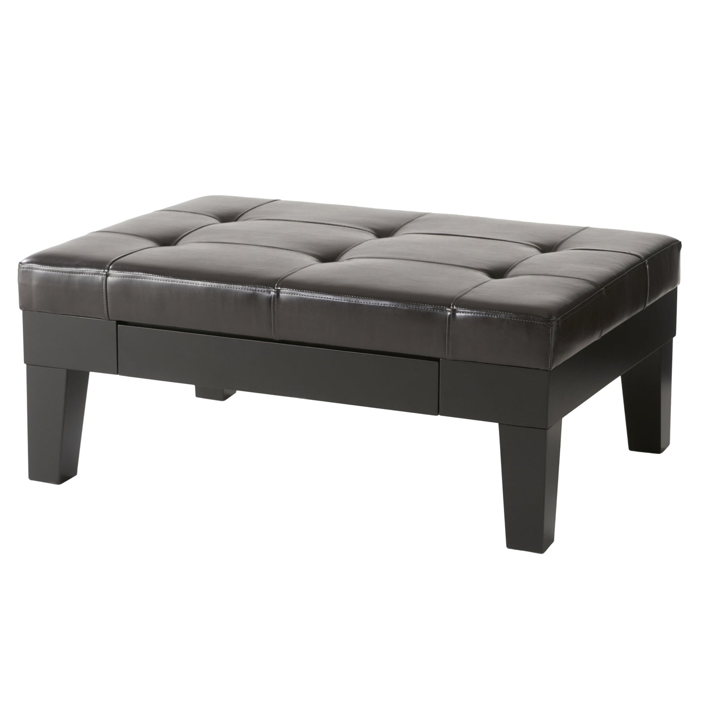 Dark brown faux leather tufted ottoman with dark wood legs and subtle storage compartments