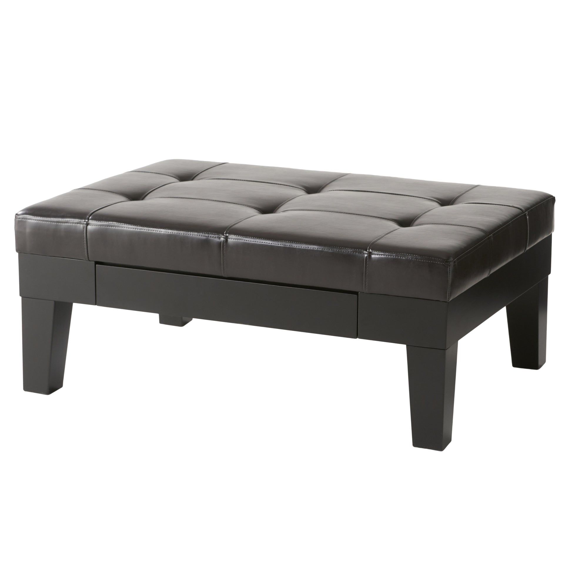 Dark brown faux leather tufted ottoman with dark wood legs and subtle storage compartments