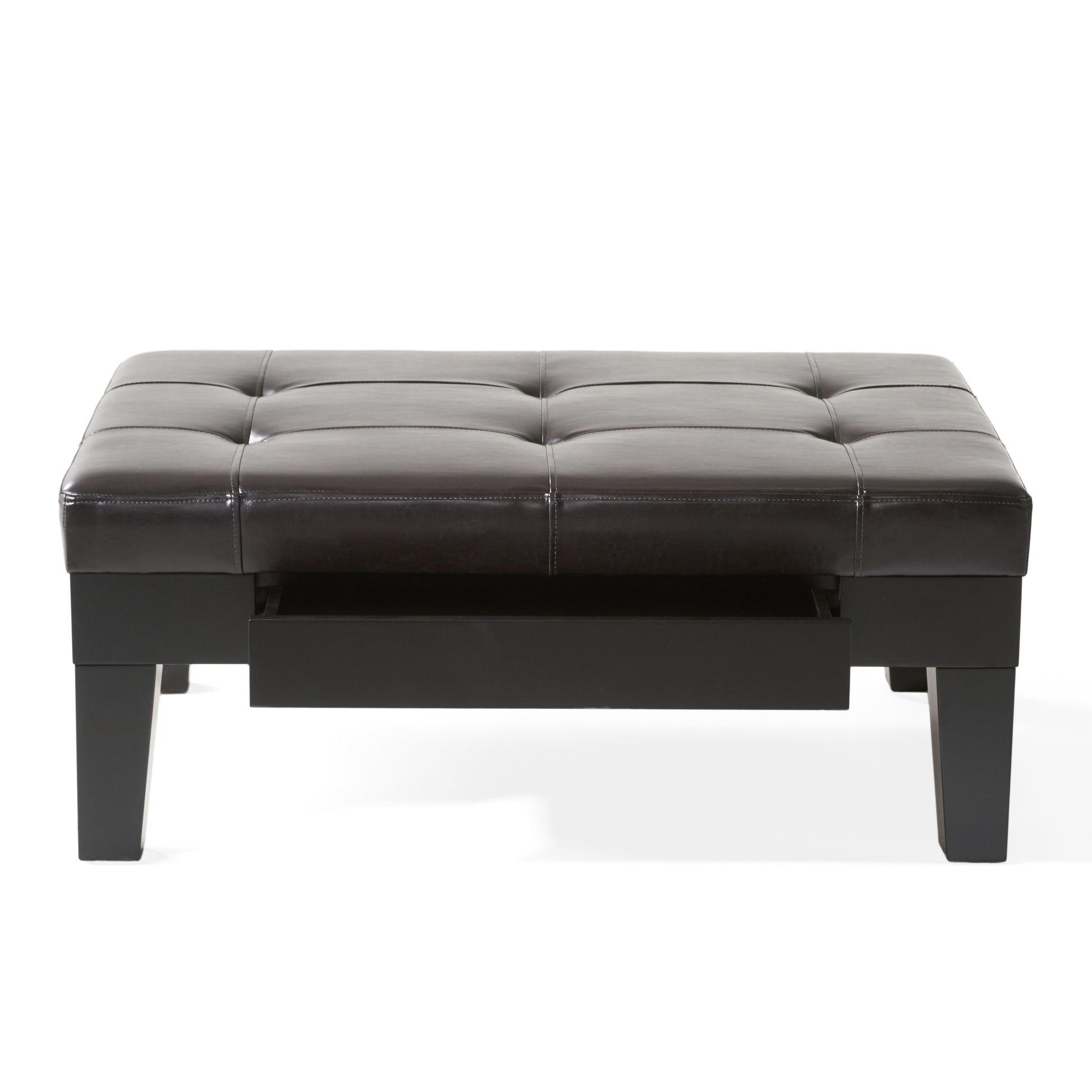 Tufted dark brown faux leather ottoman with hidden storage drawer and black legs