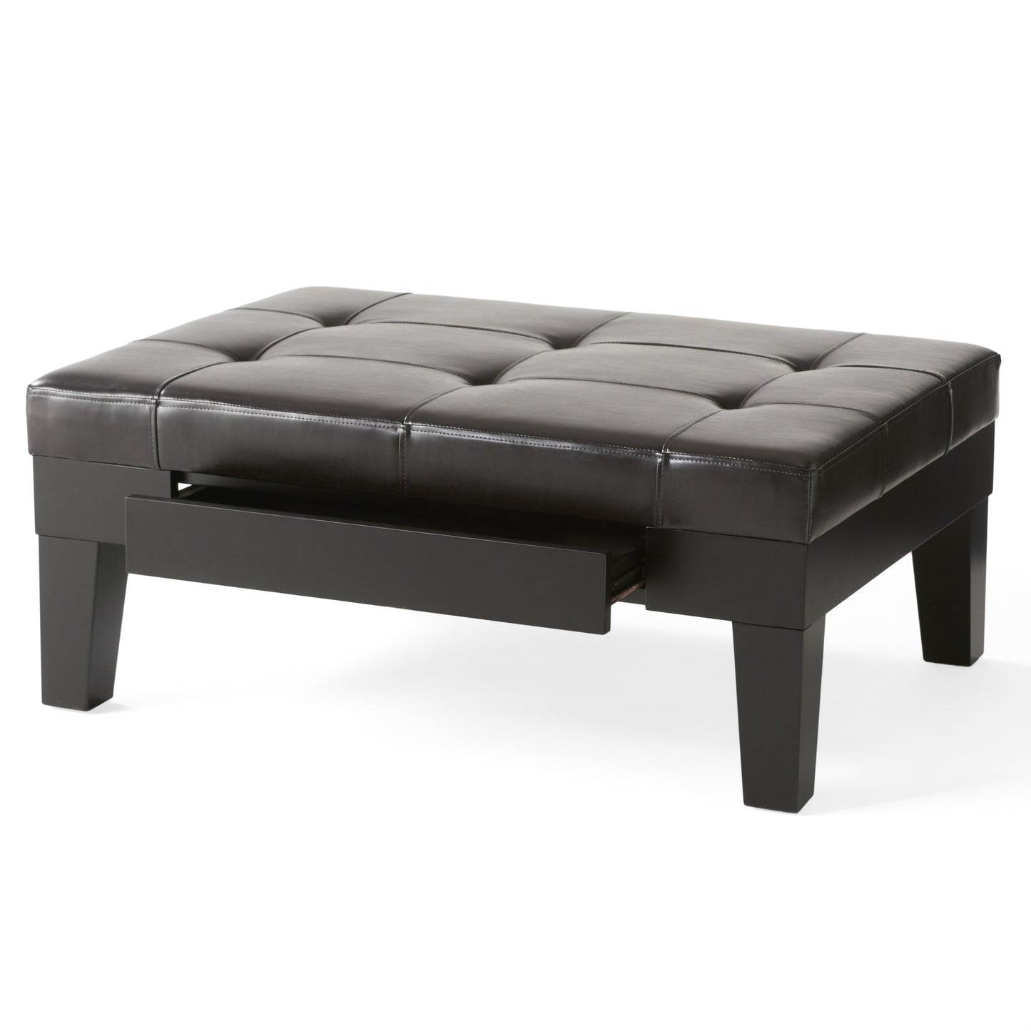 Dark brown faux leather storage ottoman with tufted top and open drawer