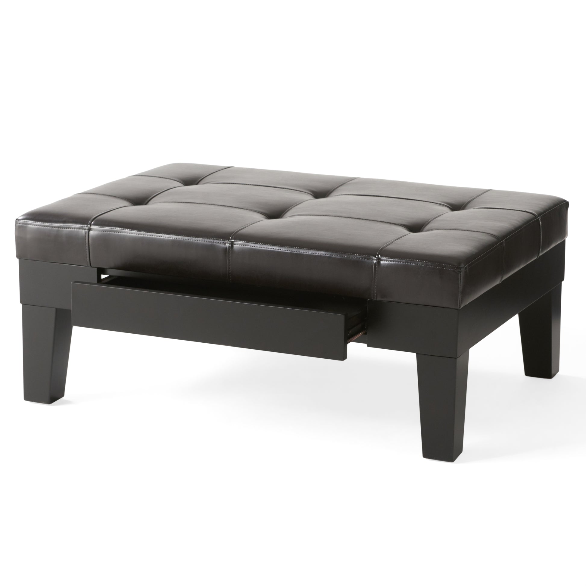 Dark brown faux leather storage ottoman with tufted top and open drawer