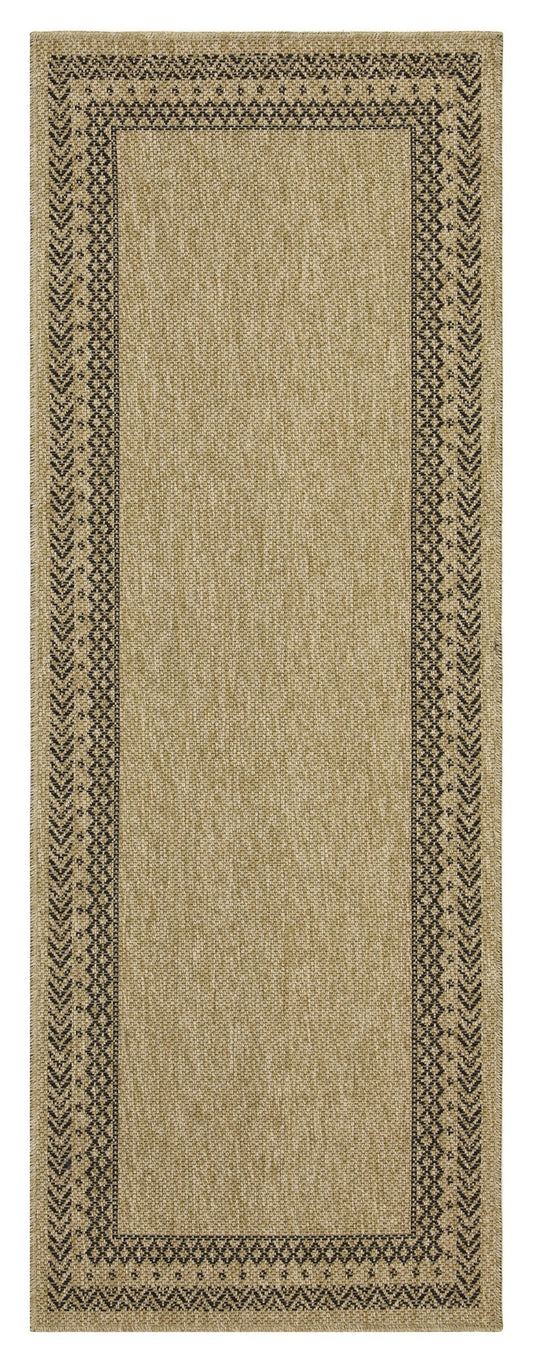 Textured beige rug with a black geometric border x size
