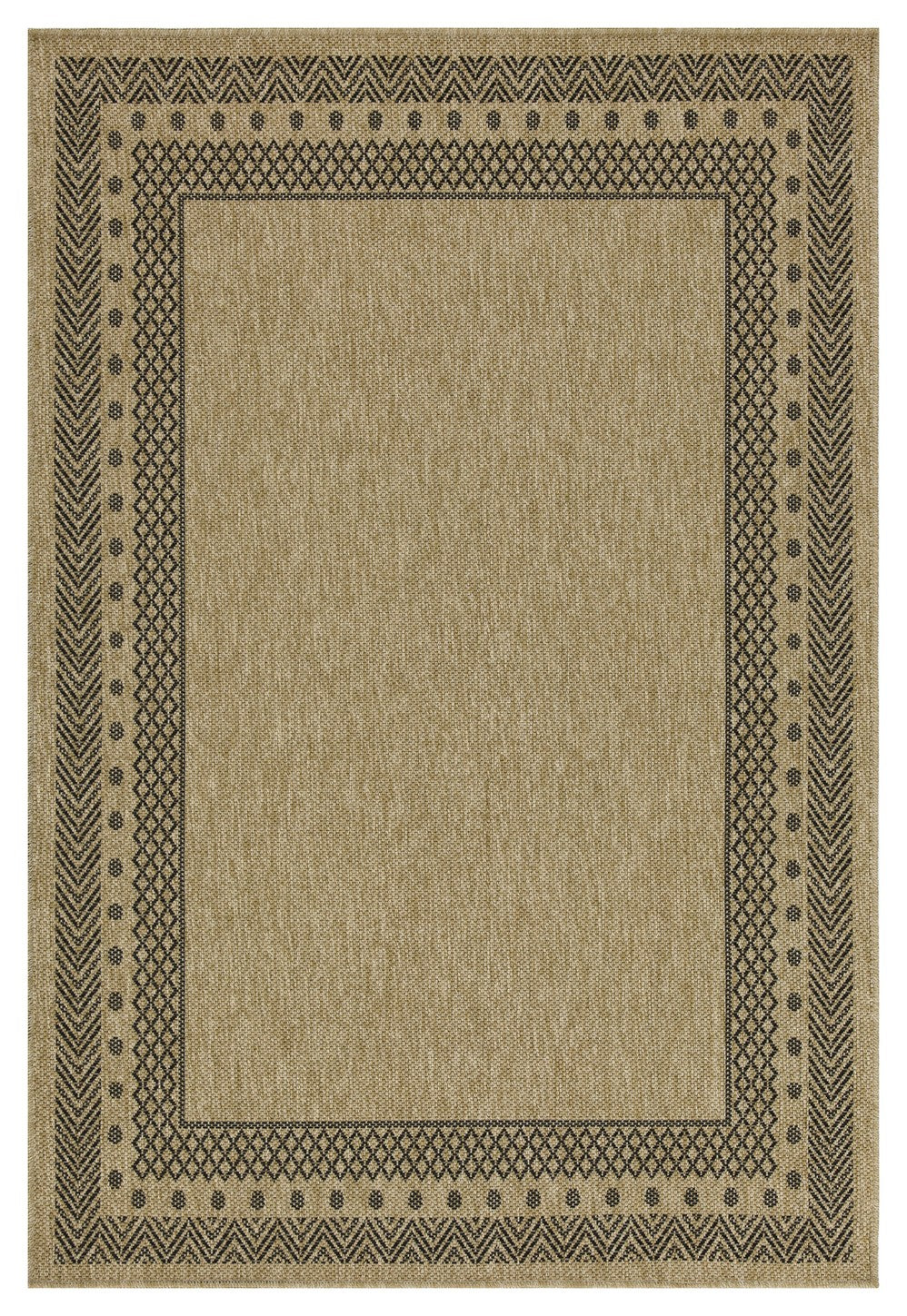 Tan geometric border area rug x woven polypropylene for indooroutdoor use