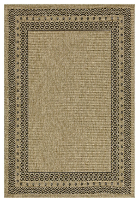 Taupe area rug with black geometric border patterns