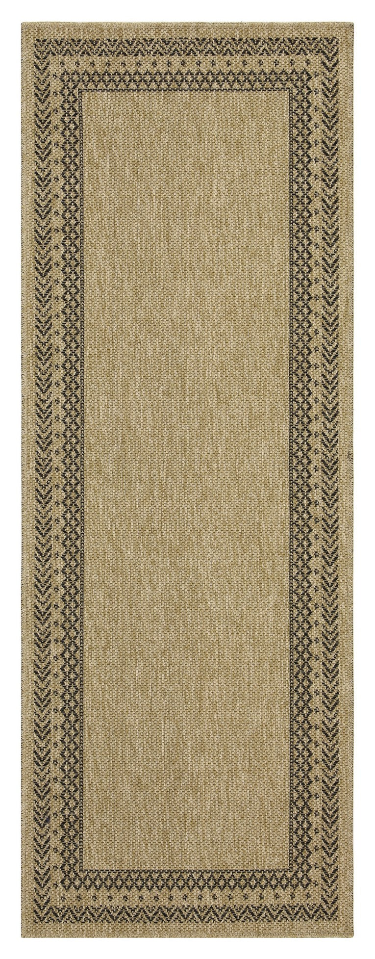 Natural jute rug with intricate black geometric border pattern and a textured weave for durable home decor