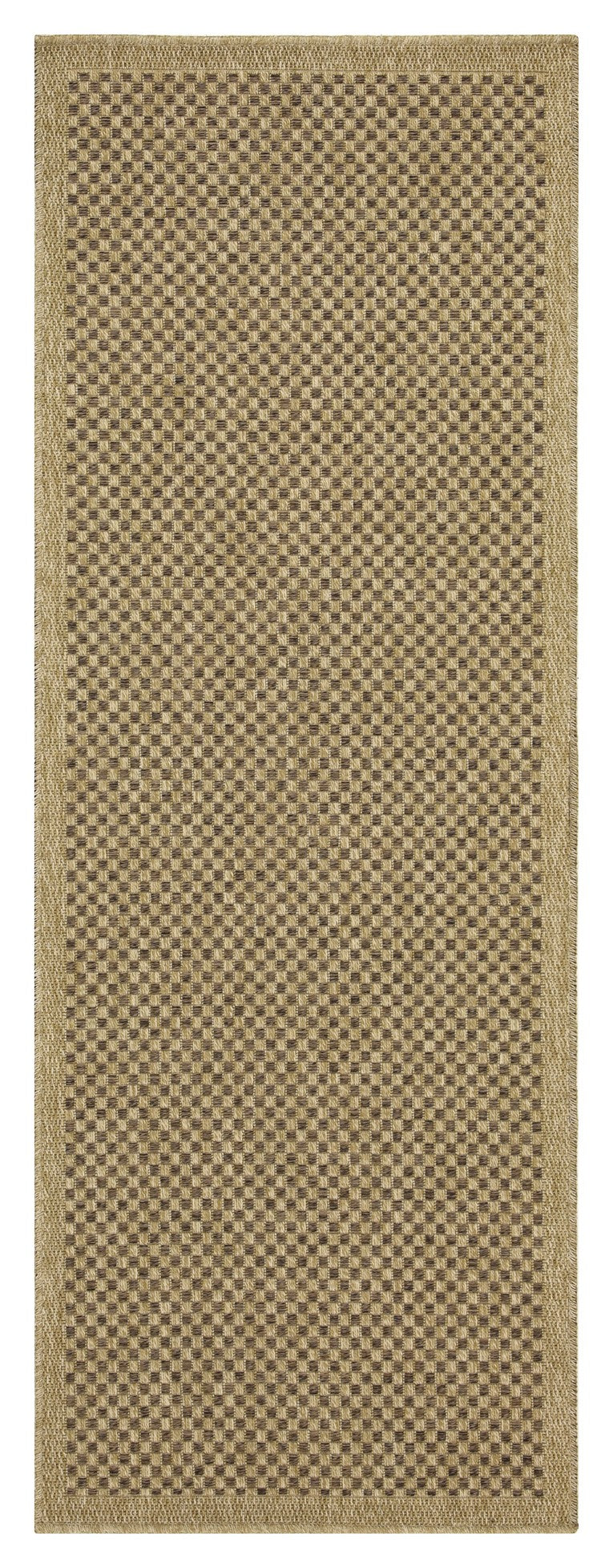 Tan woven rectangular rug with a basketweave pattern and neutral border