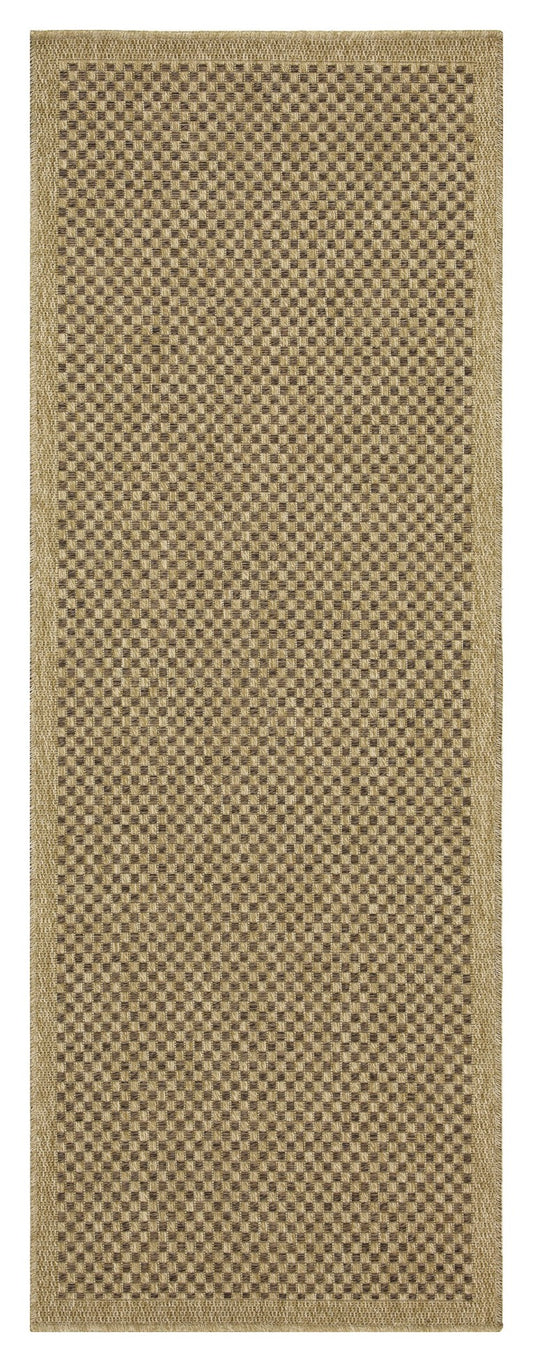 Tan woven rectangular rug with a basketweave pattern and neutral border