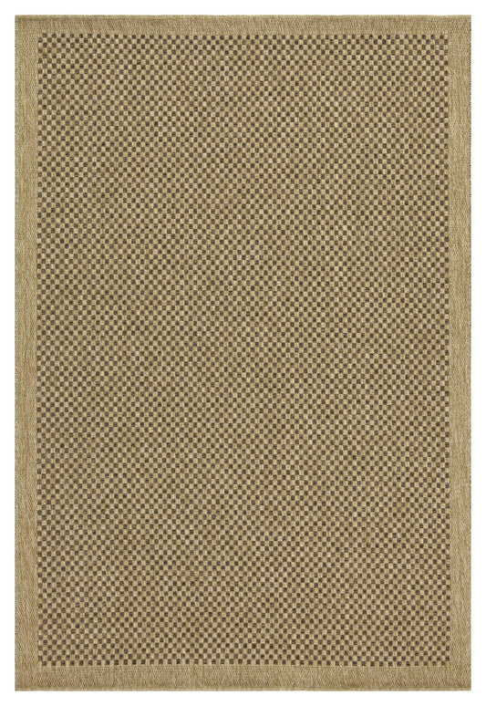 Closeup of a textured brown and beige checkerboard indoor rug with a simple woven border