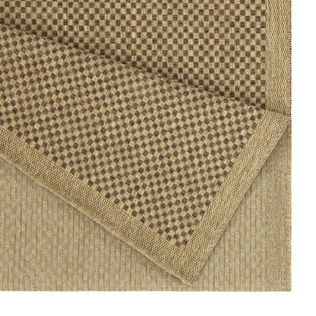 Closeup of woven beige and brown checkered outdoor rug