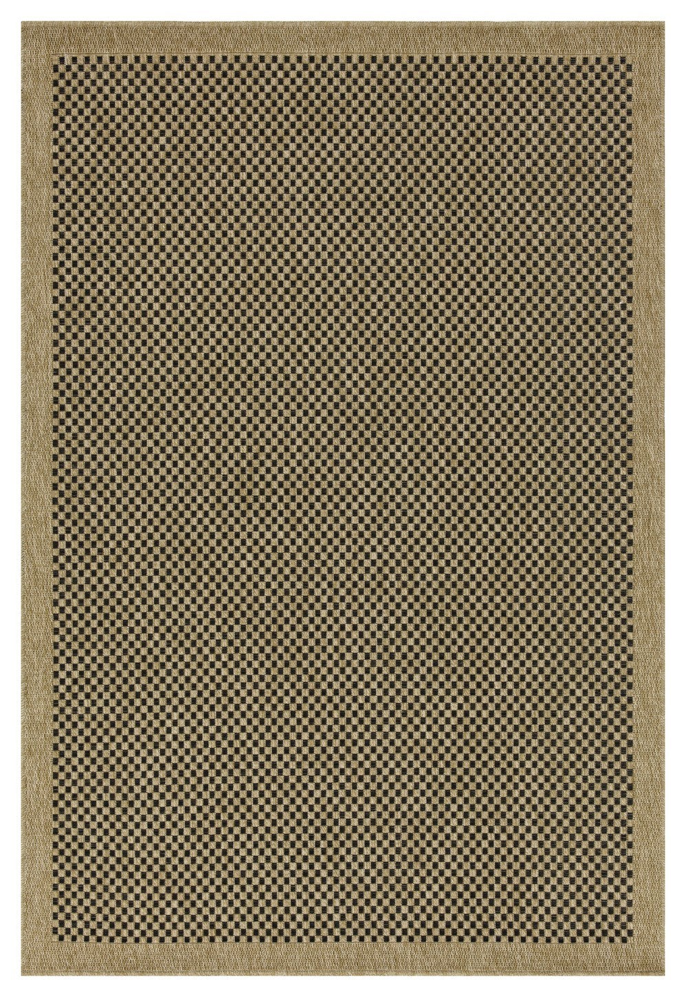 Tan and black checkered indoor outdoor rug with woven texture