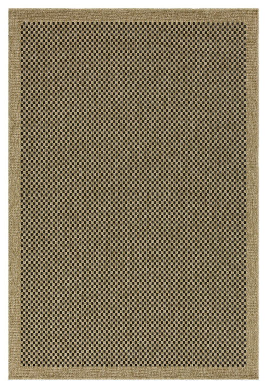 Tan and black checkered indoor outdoor rug with woven texture