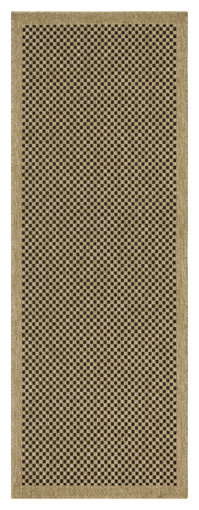 Brown and black checkerboard woven rug with a jute border