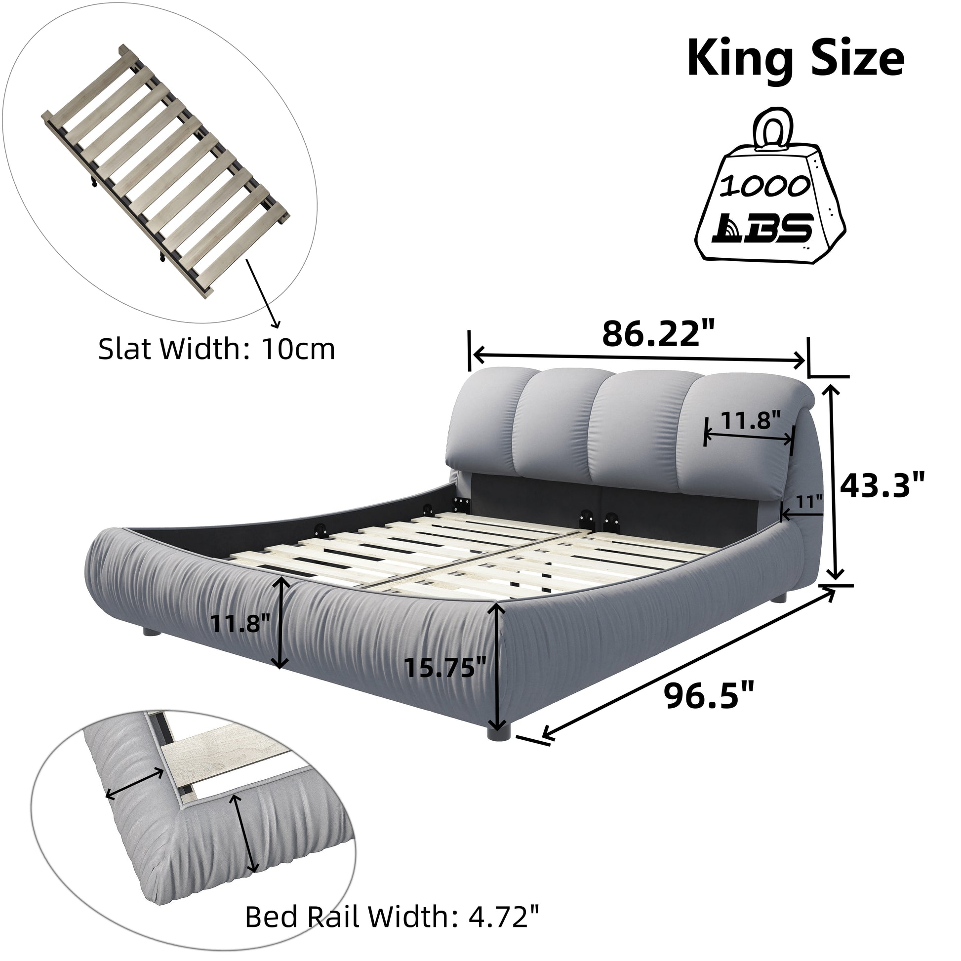 King size upholstered bed frame with tufted headboard and grey fabric