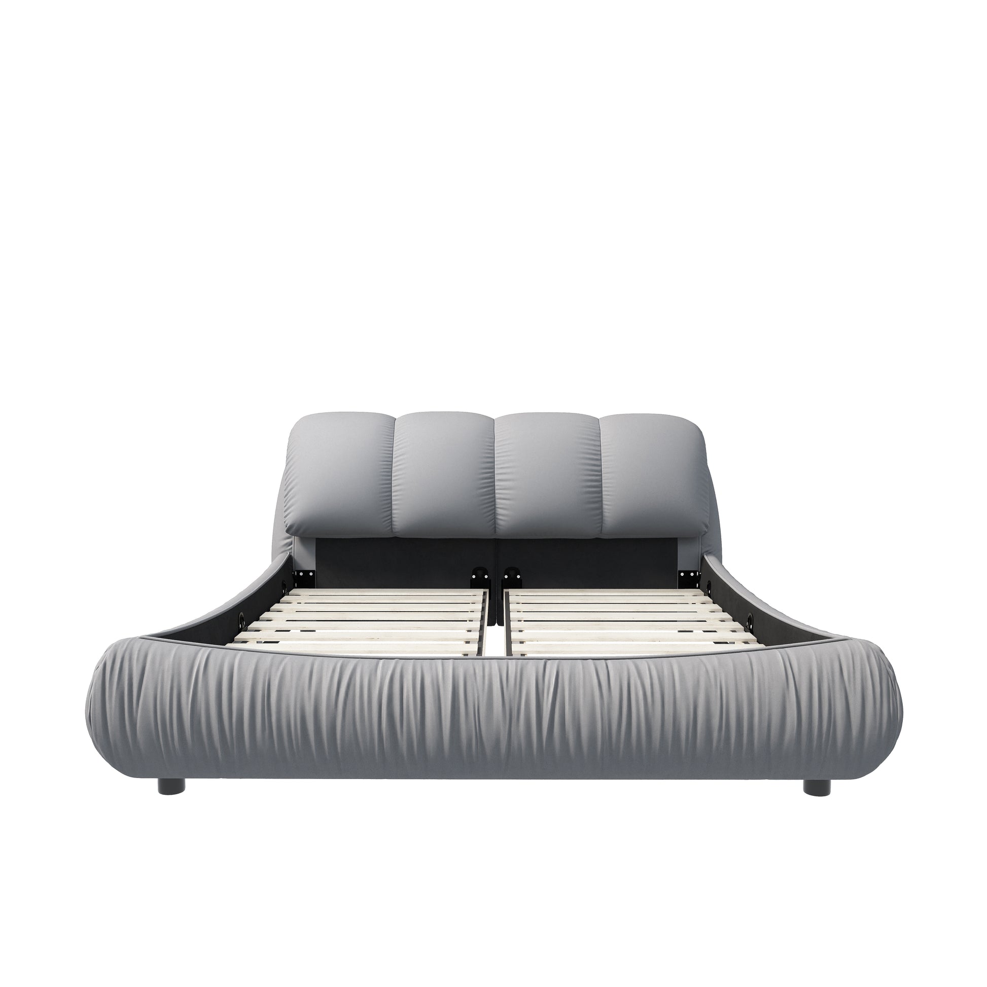 Modern grey upholstered bed frame with tufted headboard and slatted base