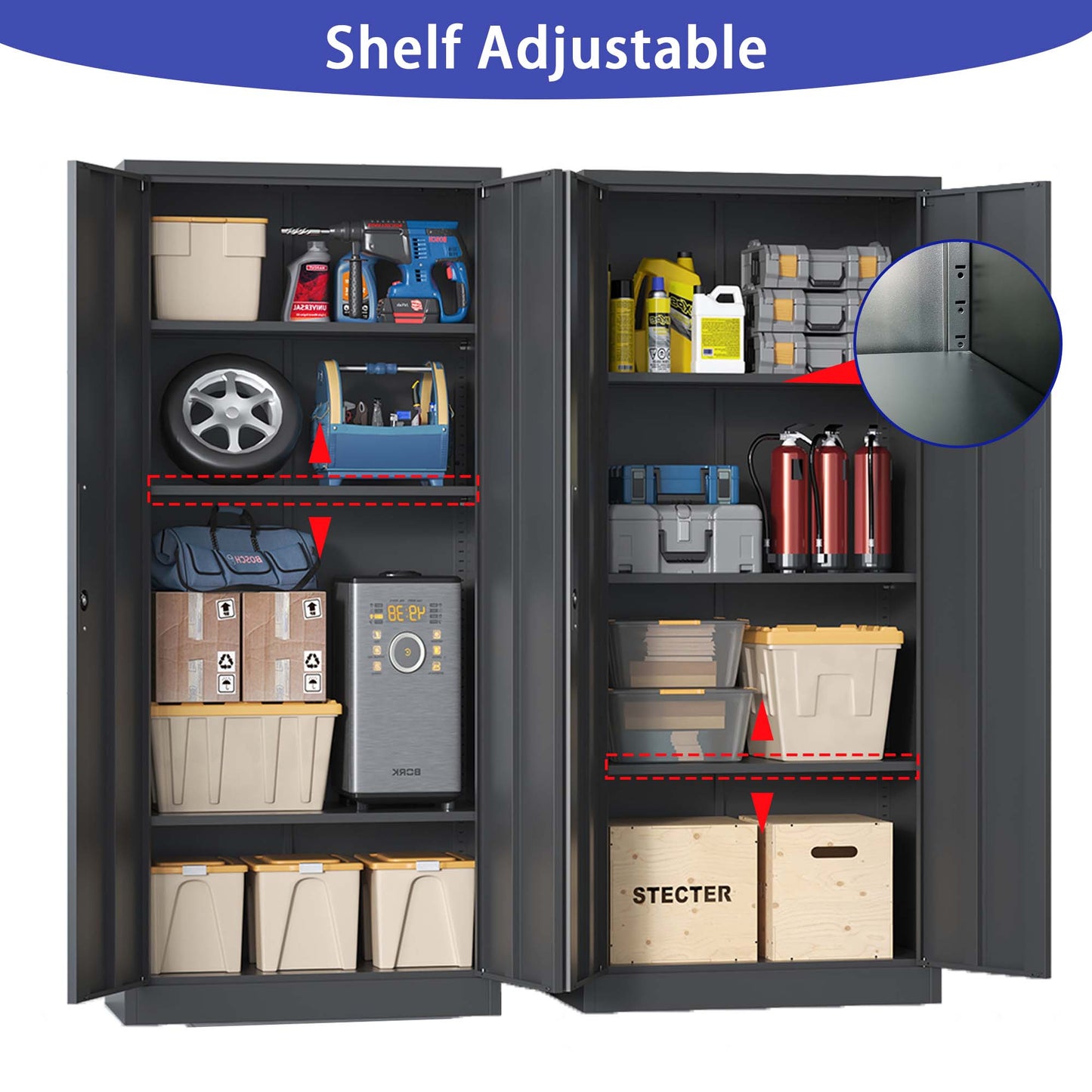 Dark grey metal garage cabinet organized with tools and storage bins