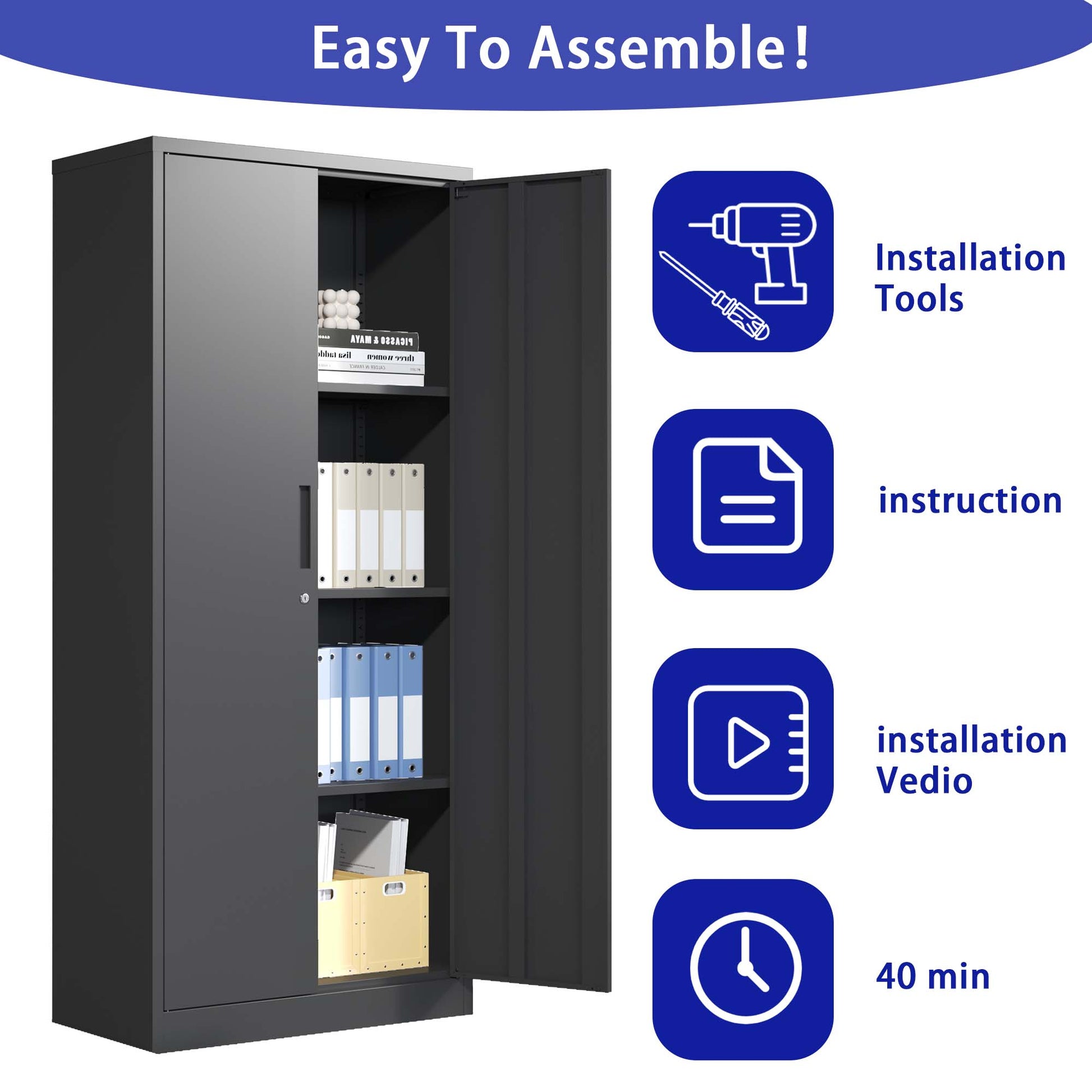 Dark gray metal filing cabinet with visible shelves and binders easy to assemble