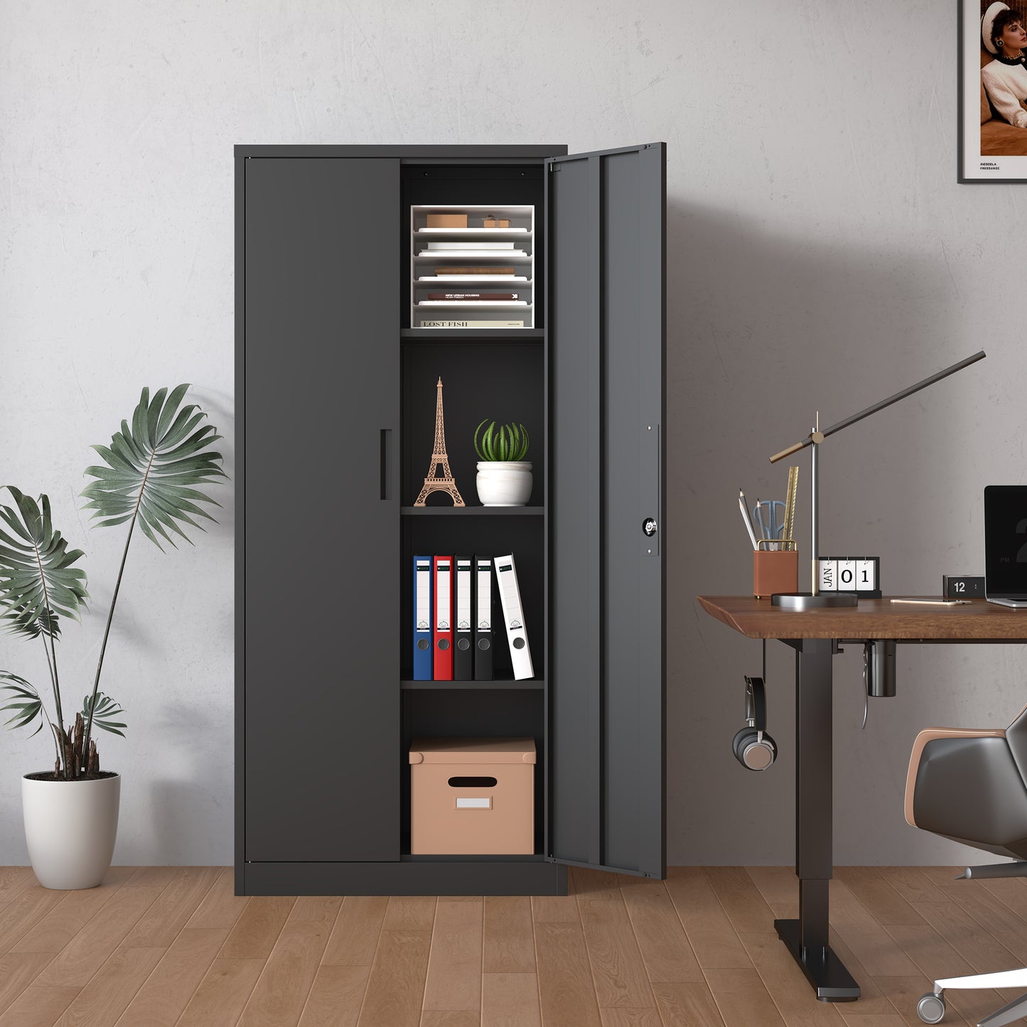 Dark grey metal office cabinet with open door storing files and decor