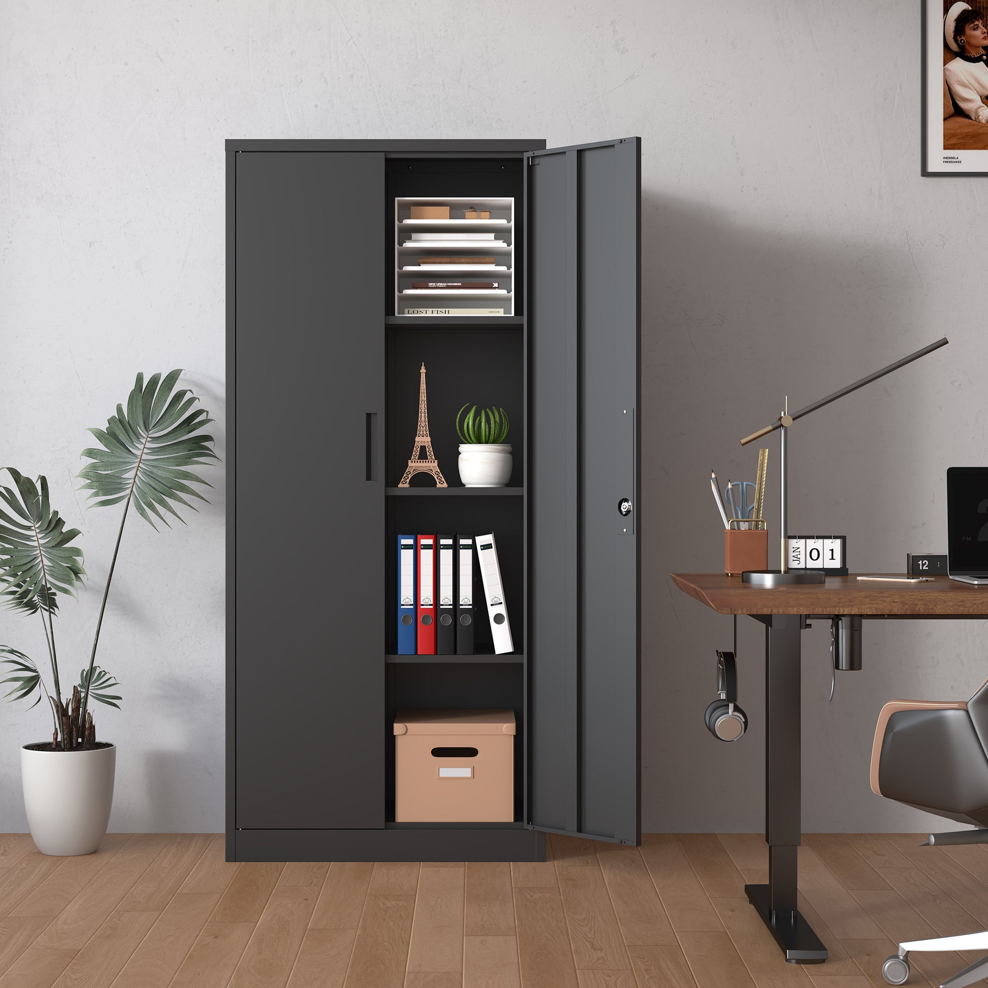 Dark grey metal office cabinet with open door storing files and decor