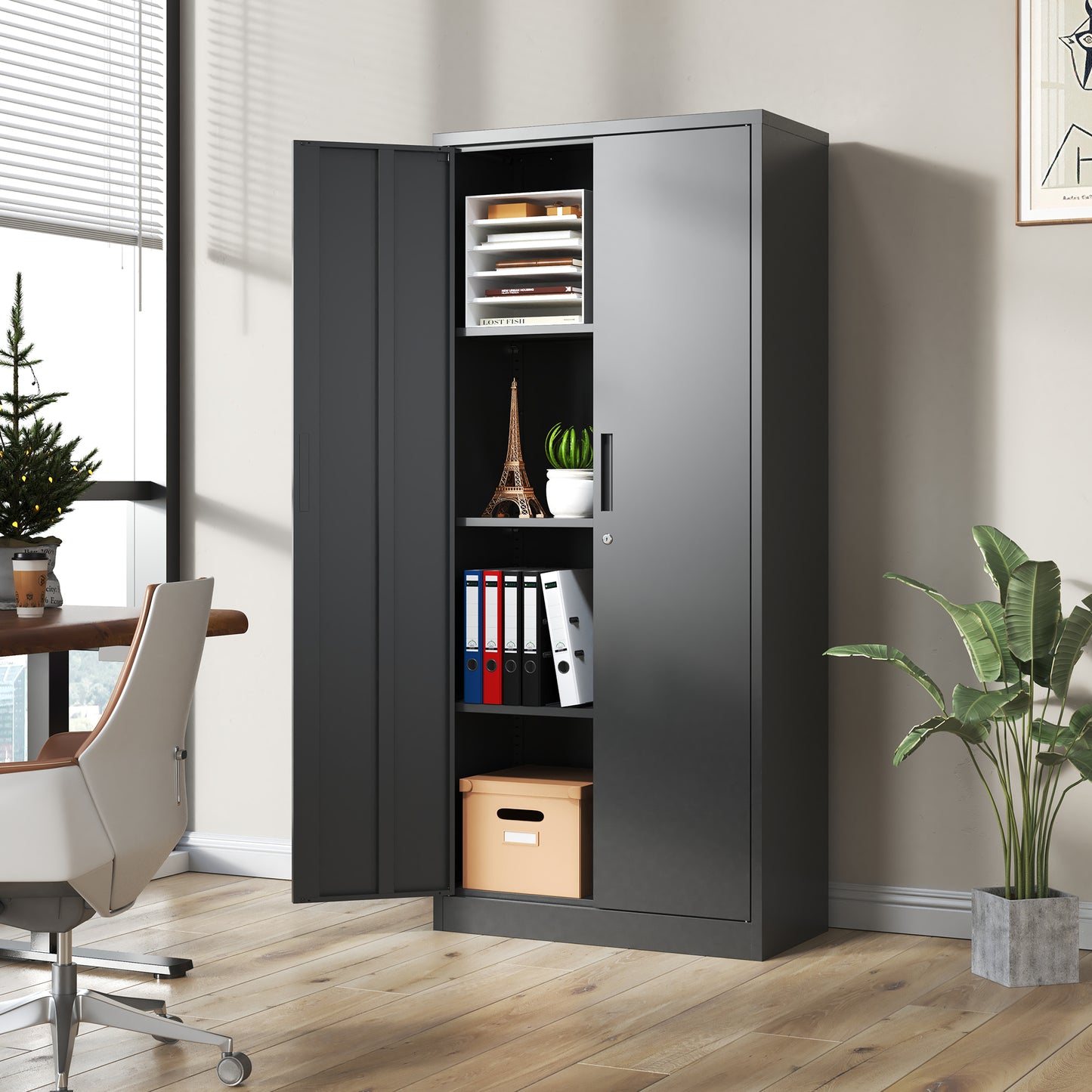 Dark gray metal filing cabinet with open doors showcasing organized office supplies and binders