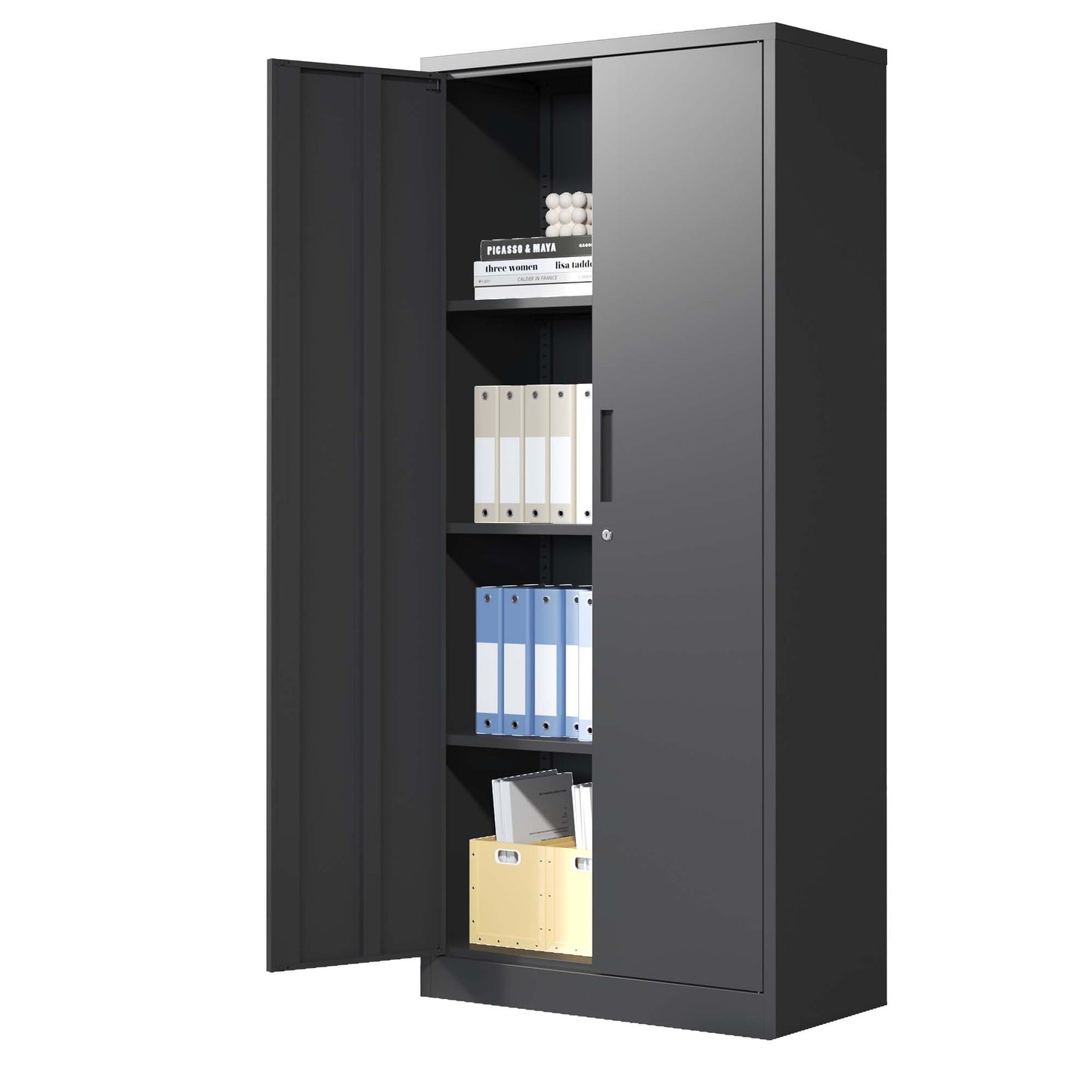 Dark grey metal storage cabinet with two doors open showcasing files and boxes
