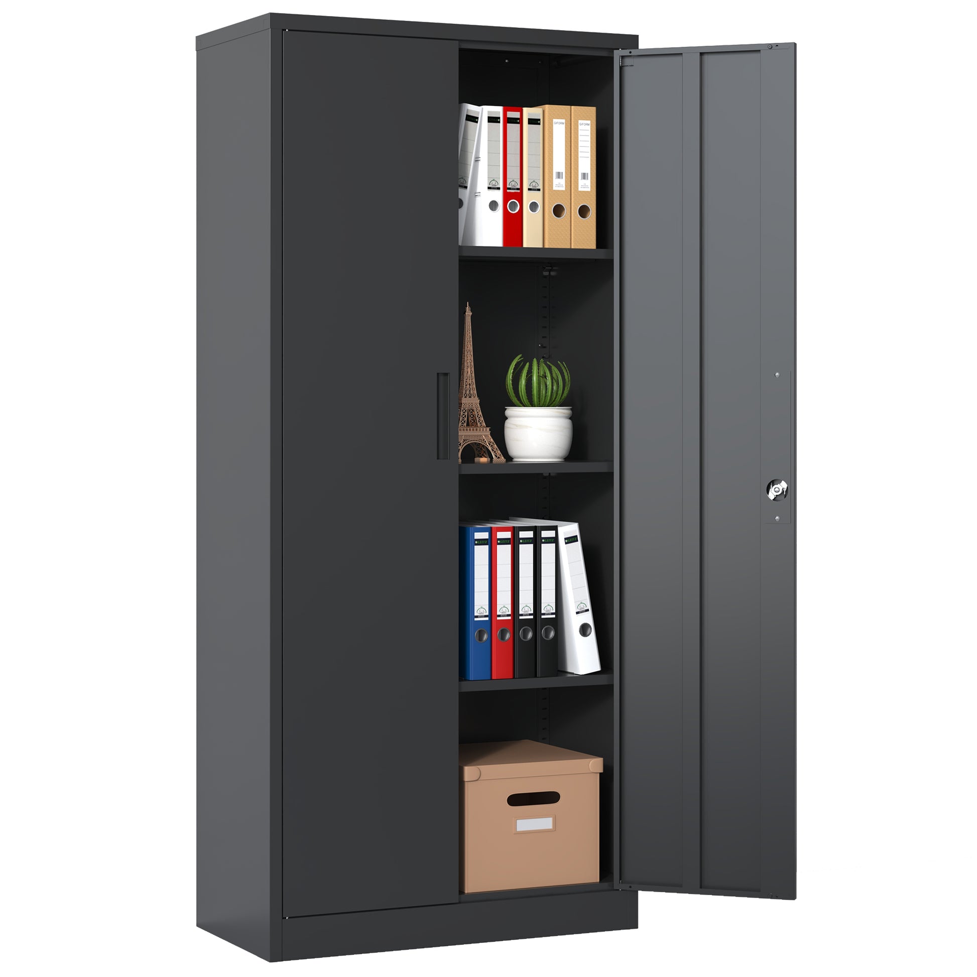 Gray metal storage cabinet with open doors holding binders a plant and a decorative Eiffel Tower
