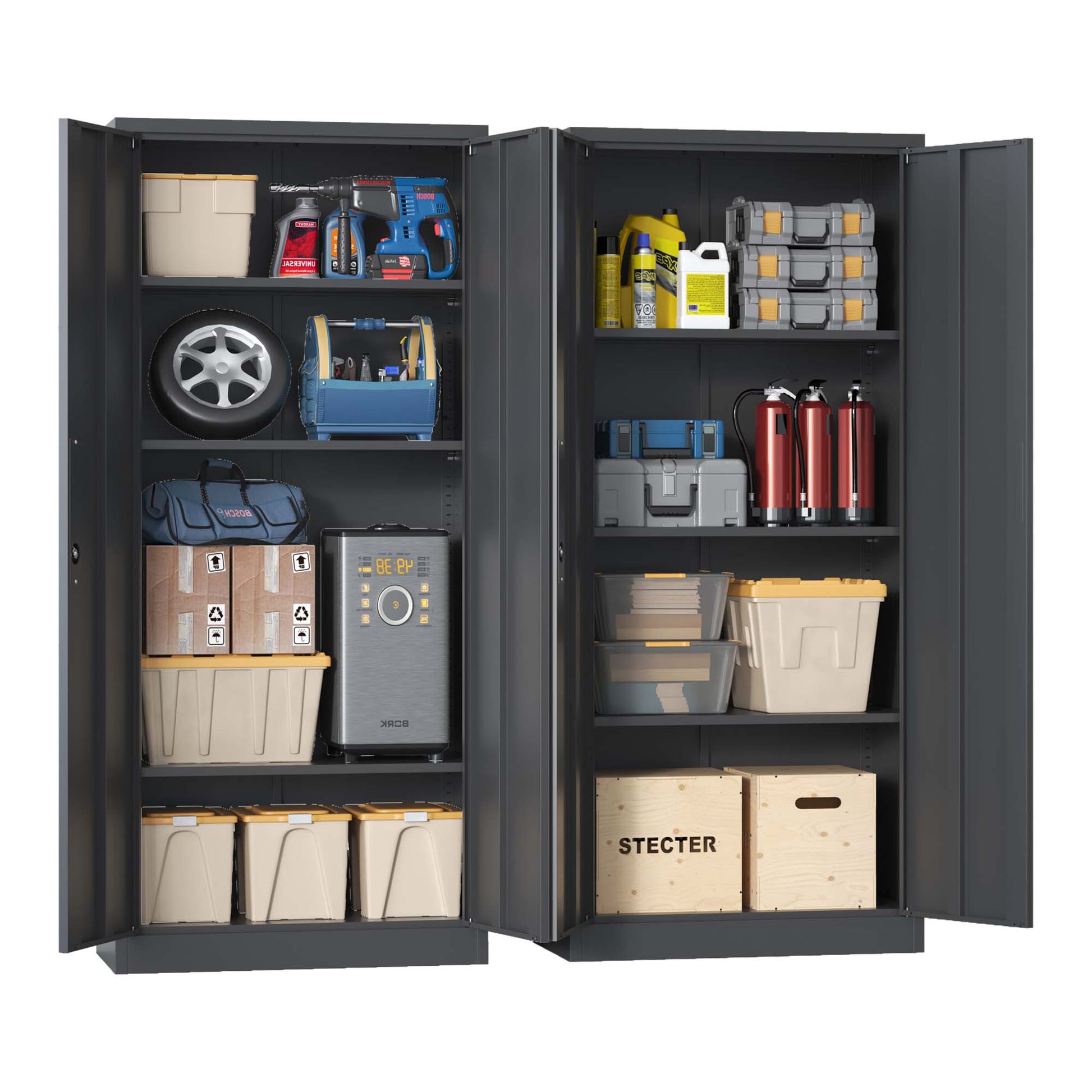 Blue cordless drill with red accents on a shelf in a garage cabinet