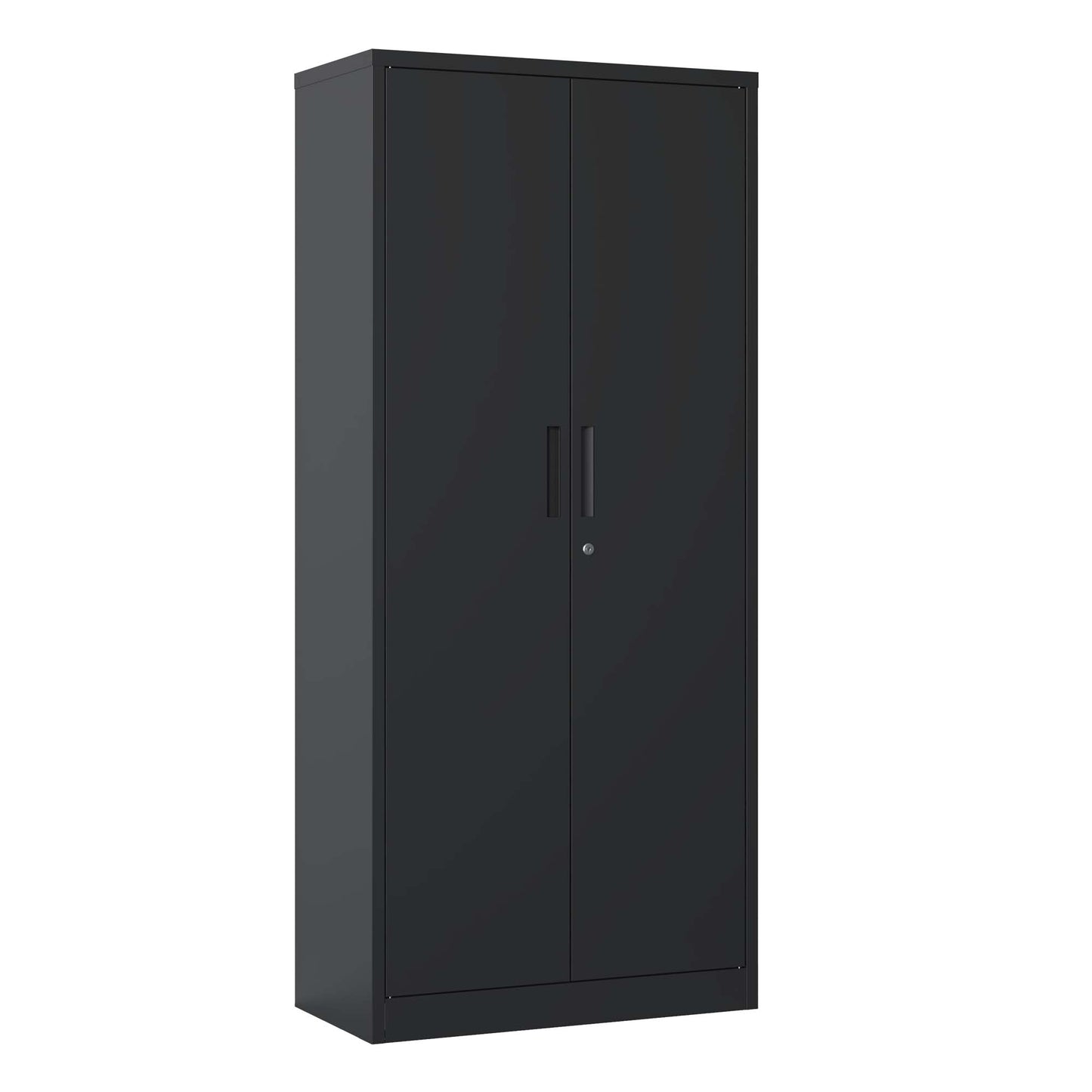 Black metal storage cabinet with double doors and a lock ideal for offices