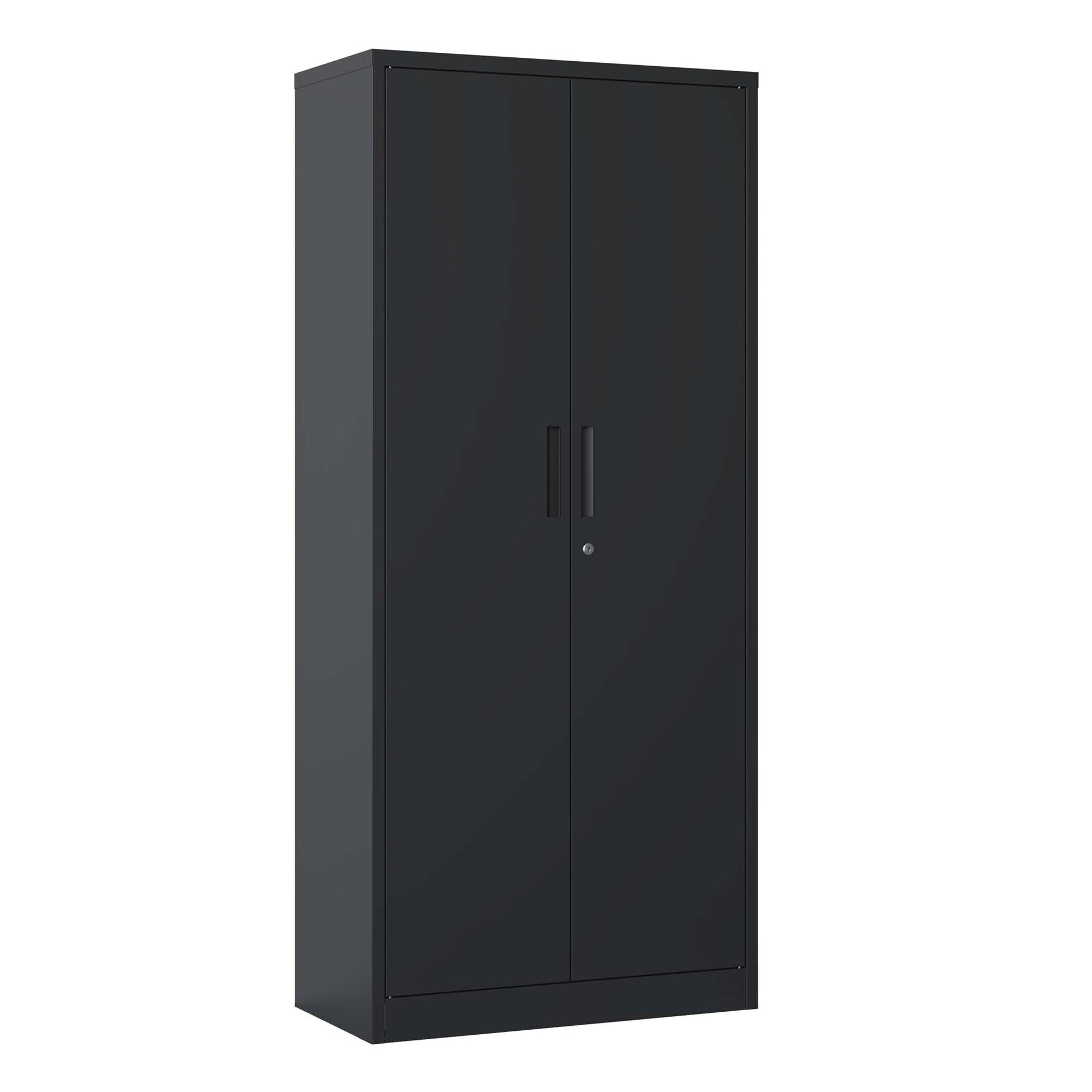 Black metal storage cabinet with double doors and a lock ideal for offices