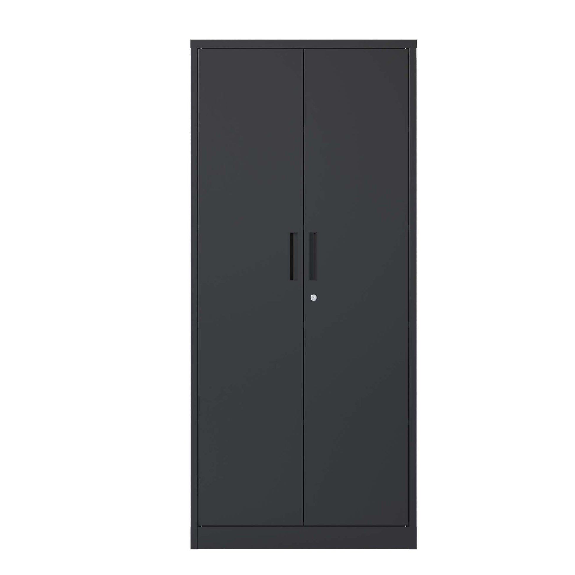 Sleek dark gray metal cabinet with double doors and a central lock perfect for office storage